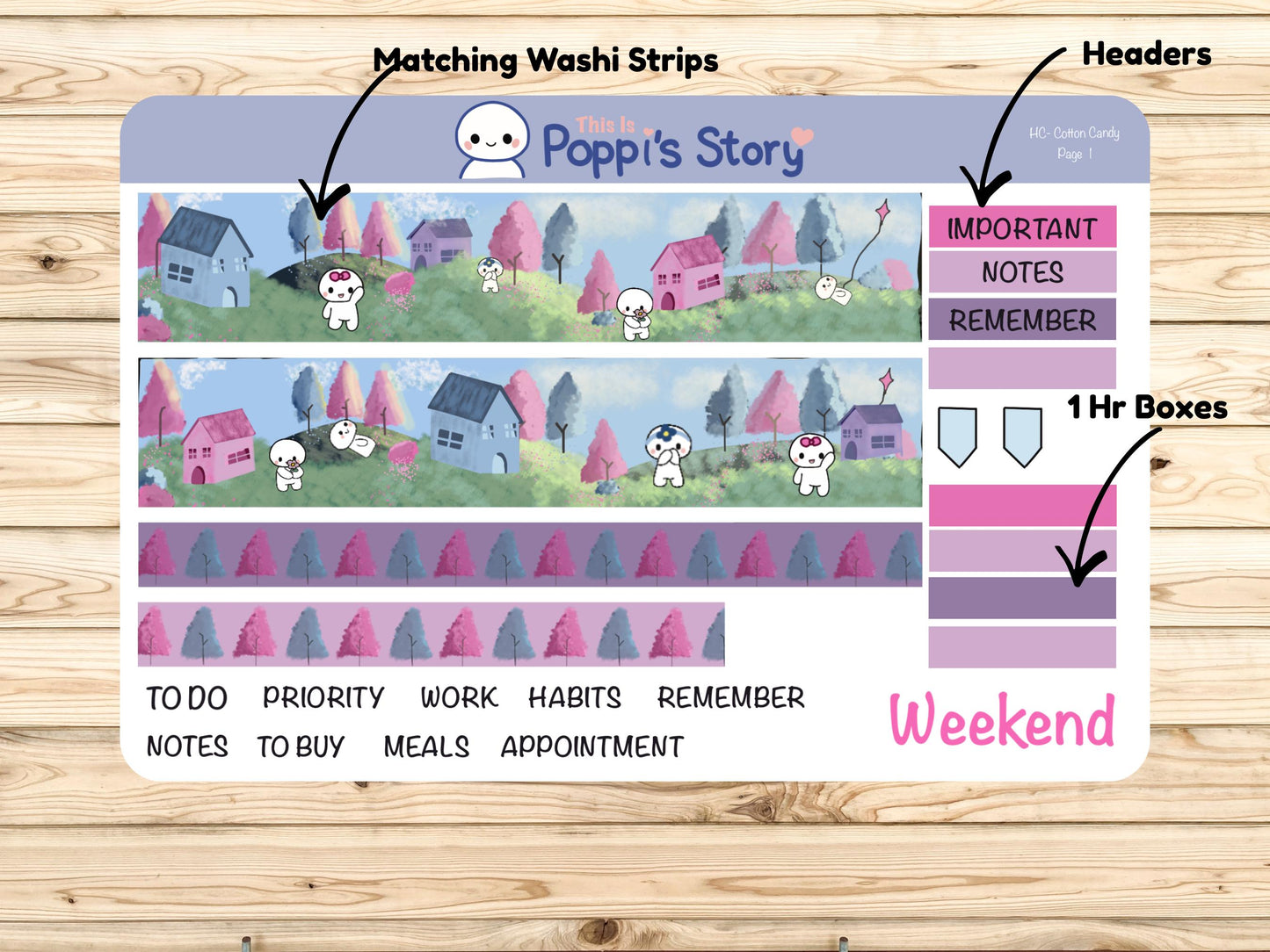Poppi's Story Hobonichi Cousin Weekly Sticker Kit, Pastel Kawaii Vertical Planner Stickers
