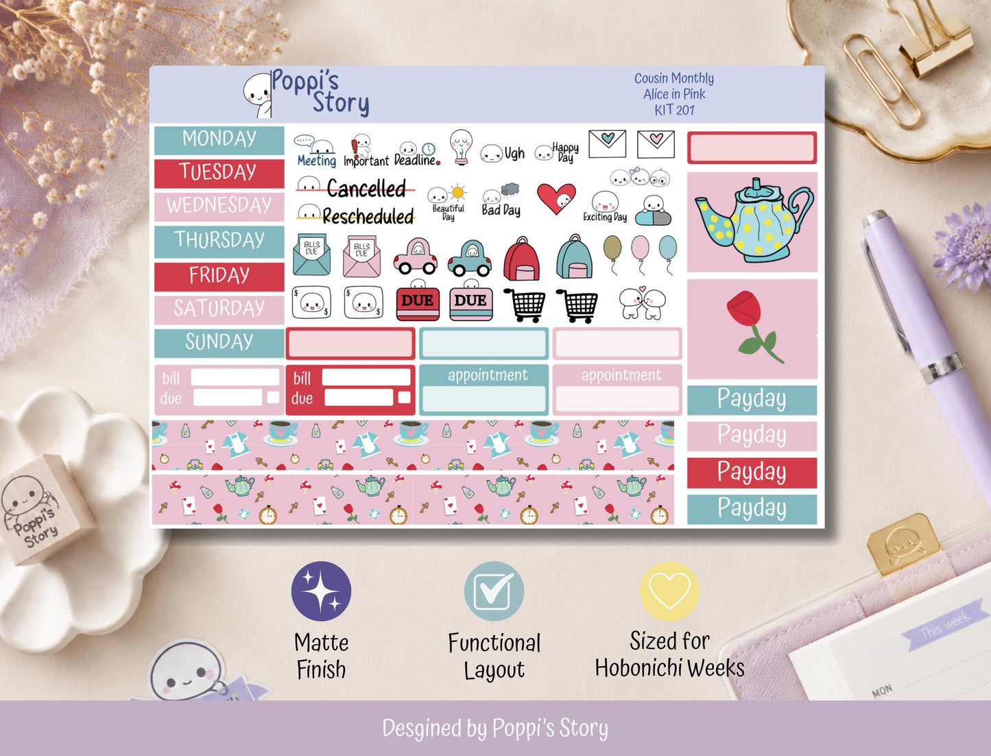 Alice in Pink | Hobonichi Cousin Monthly Sticker Kit