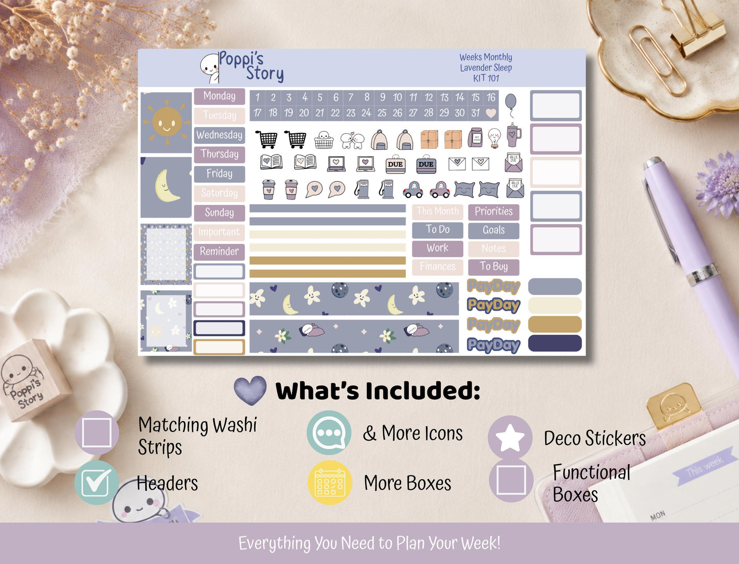Lavender Sleep | Hobonichi Weeks Monthly Sticker Kit