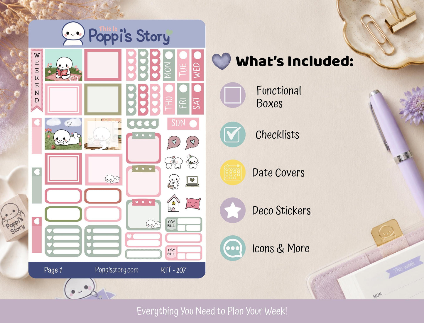 Strawberry Picnic Hobonichi Weeks Sticker Kit | Kawaii Planner Journal Stickers