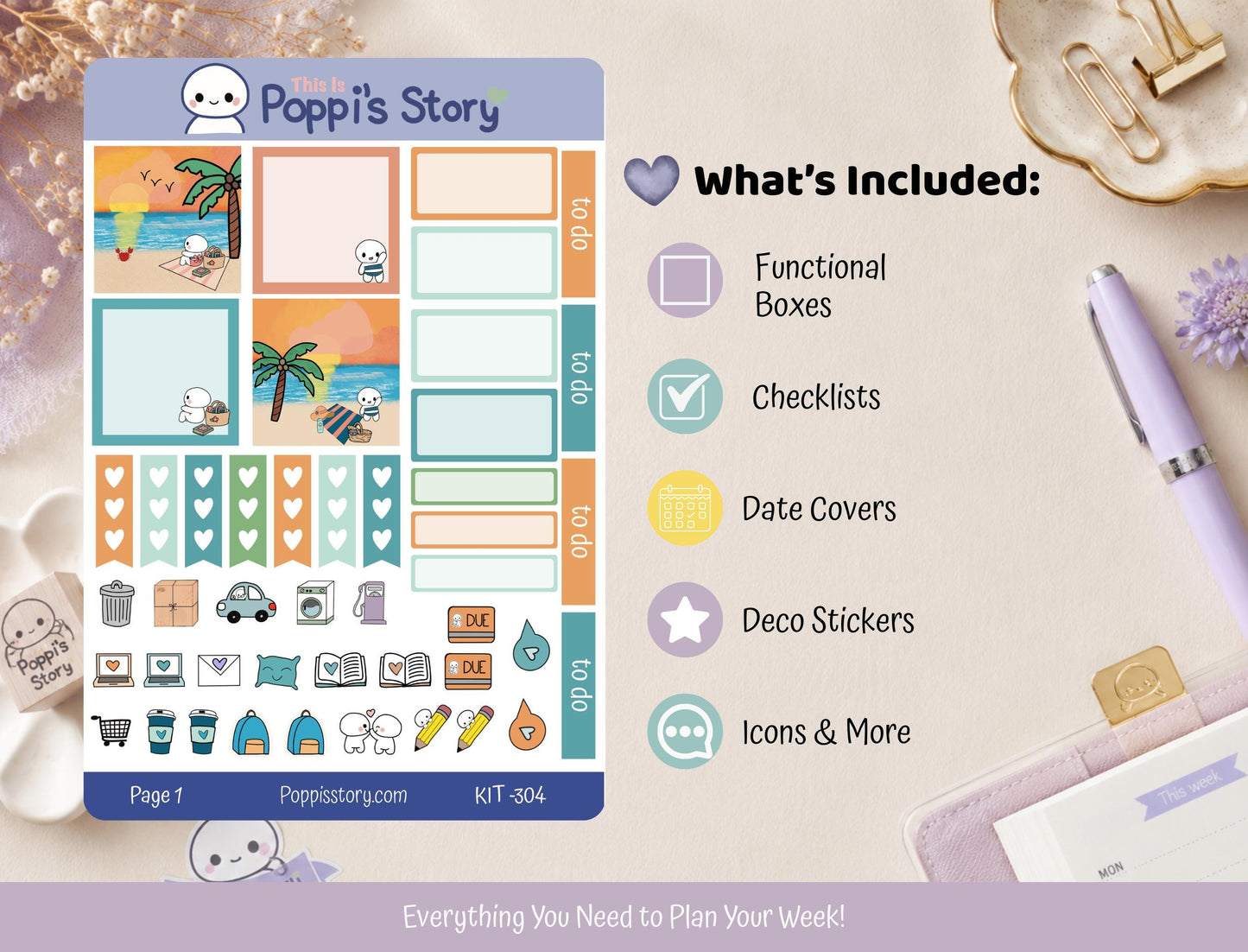 Hobonichi Cousin Weekly Sticker Kit | Pastel Tropical Beach Planner Supplies