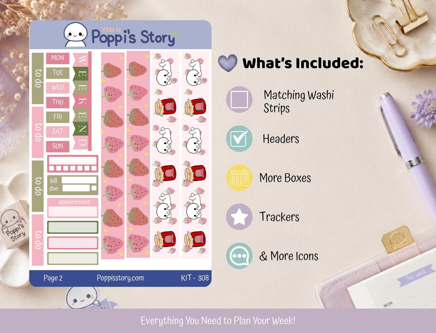 Strawberry Picnic Hobonichi Cousin Weekly Kit | Cozy Reading Planner Stickers
