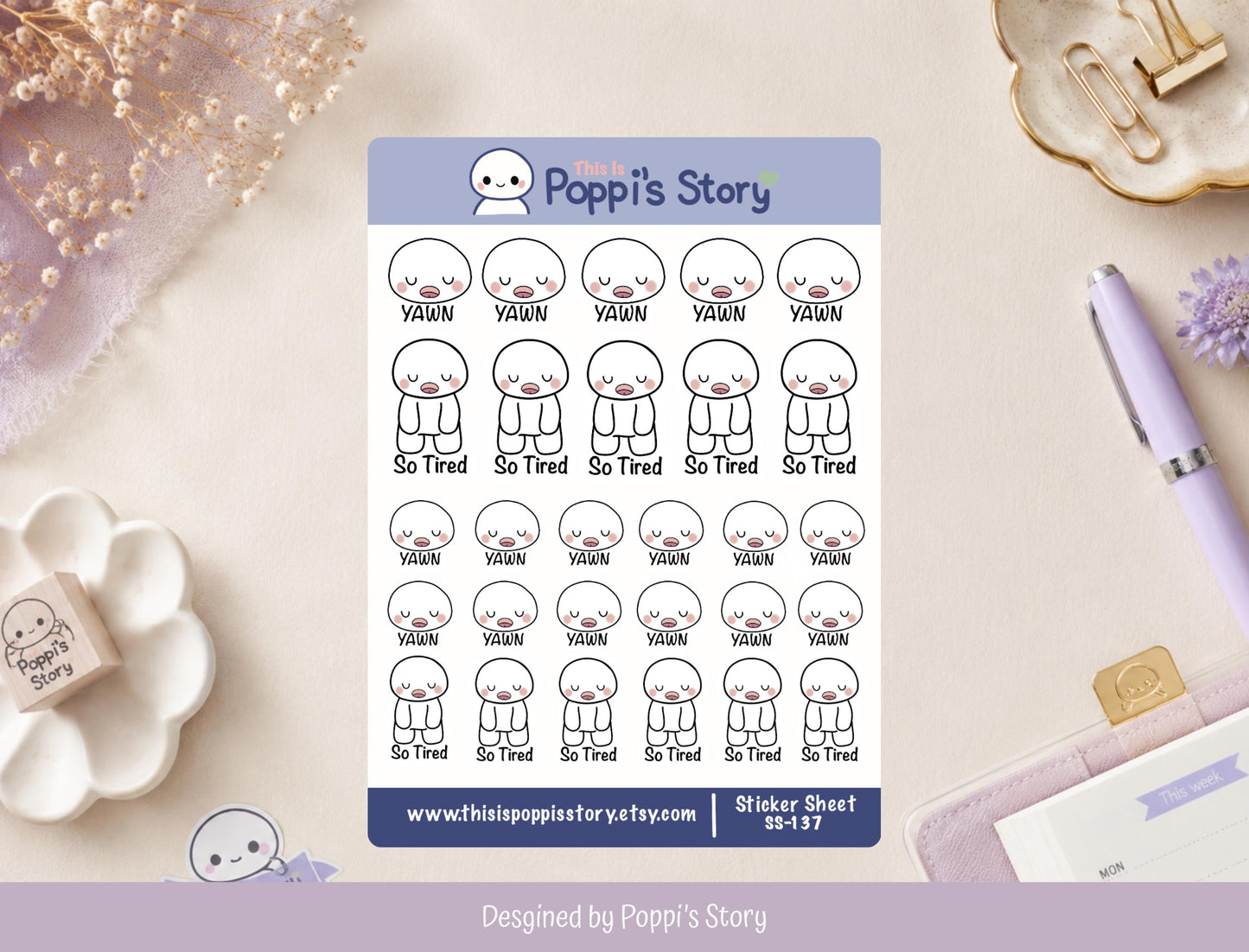 Sleepy Yawn Planner Stickers | Tired Mood Journaling Stickers