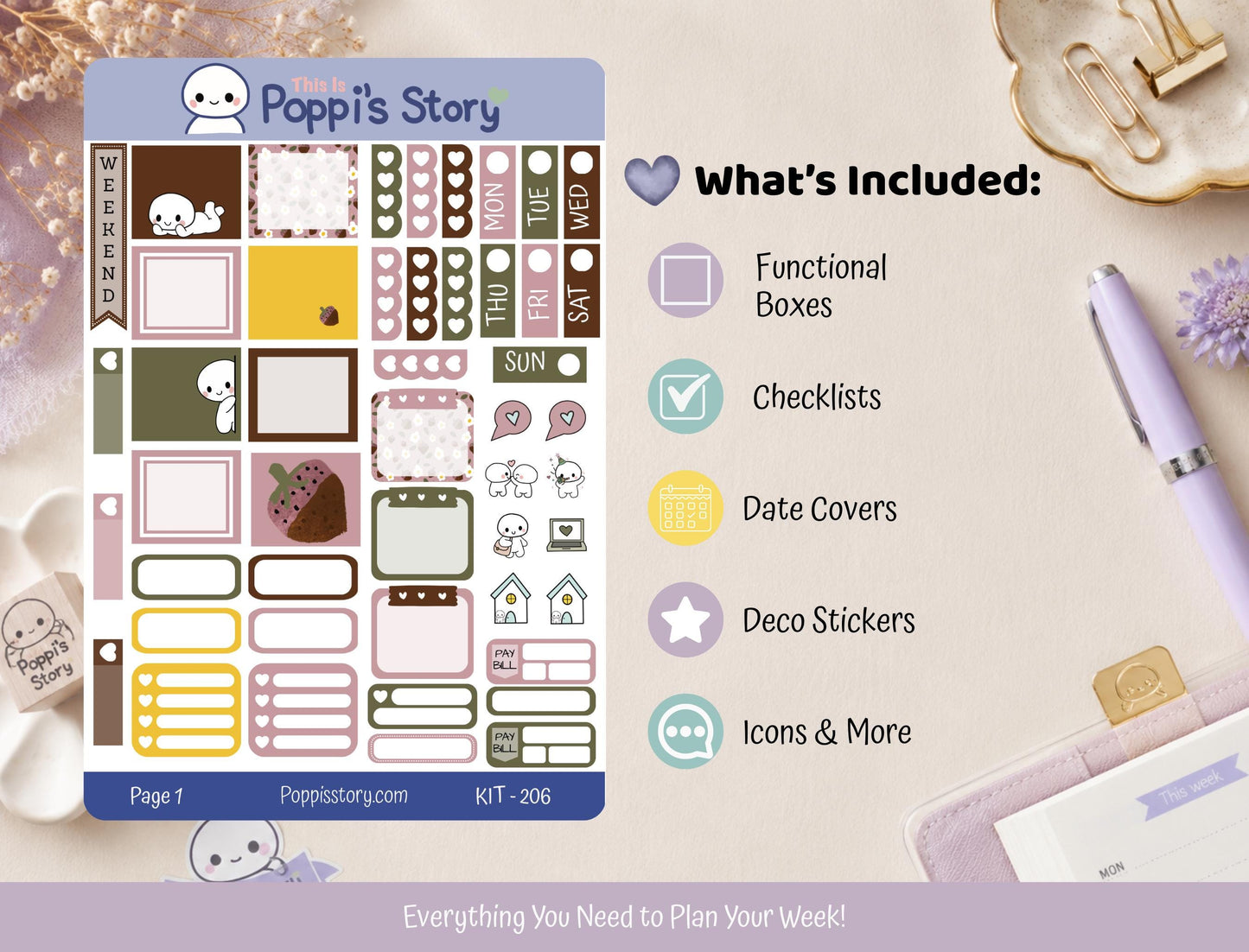 Hobonichi Weeks Strawberry Cafe Weekly Planner Stickers, Functional Cozy Kit