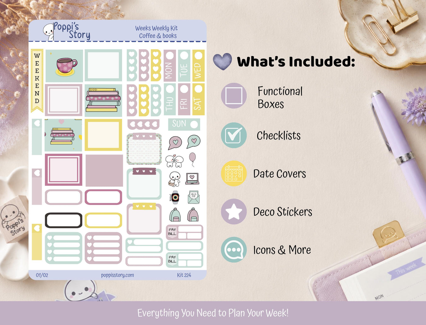 Coffee & Books Hobonichi Weeks Sticker Kit