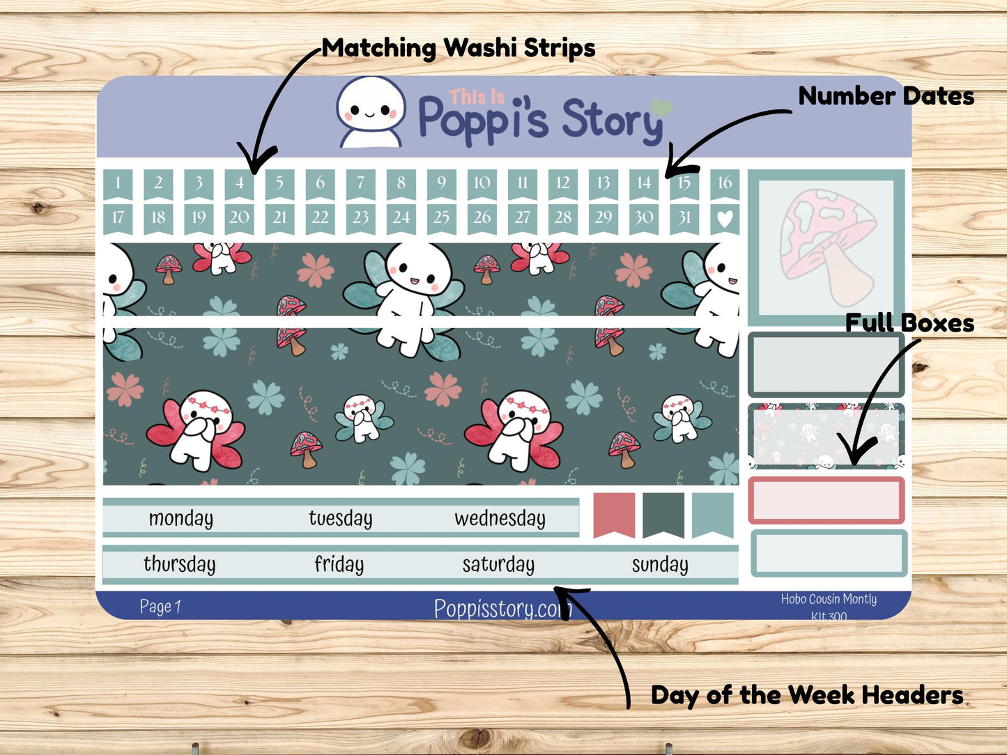 Poppi Character Hobonichi Cousin Monthly Sticker Kit | Functional Planner Pages