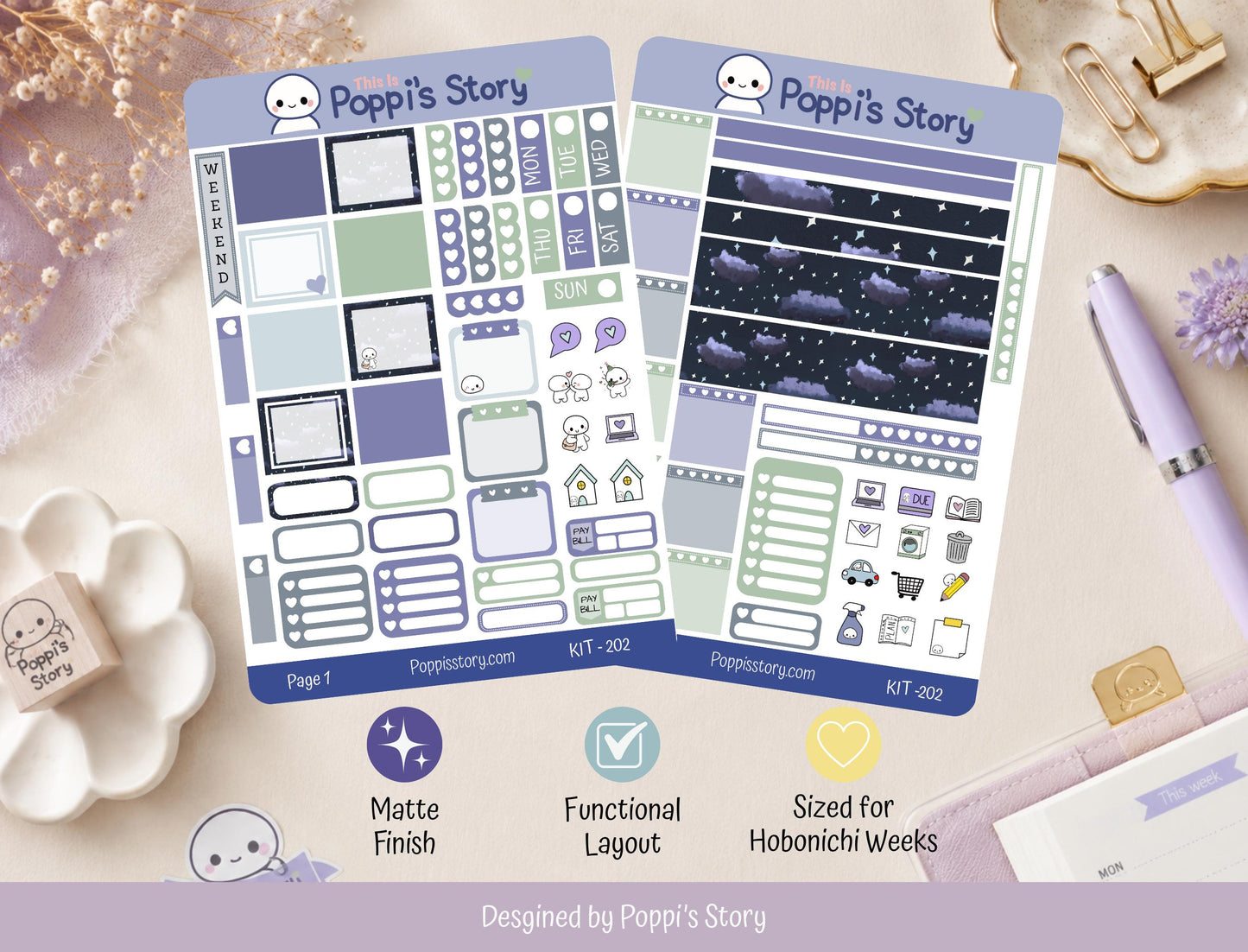 Hobonichi Weeks Sticker Kit, Starry Night Planner, Kawaii Weekly Functional Stickers