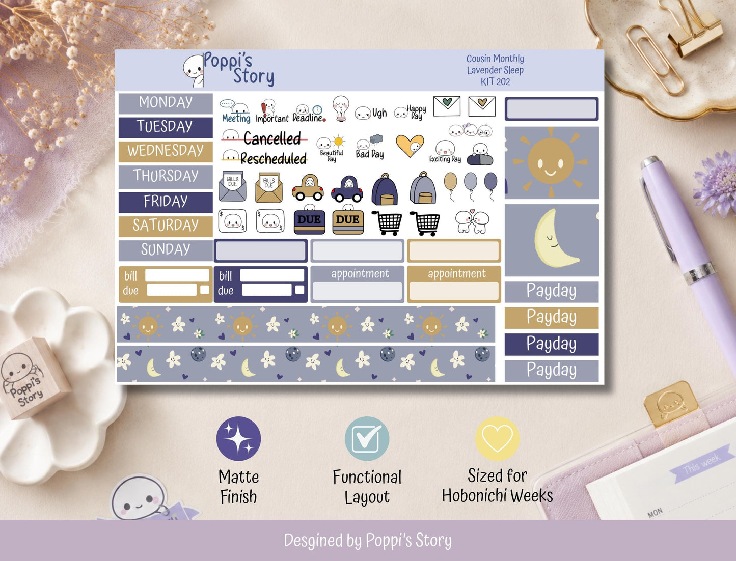 Lavender Sleep | Hobonichi Cousin Monthly Sticker Kit