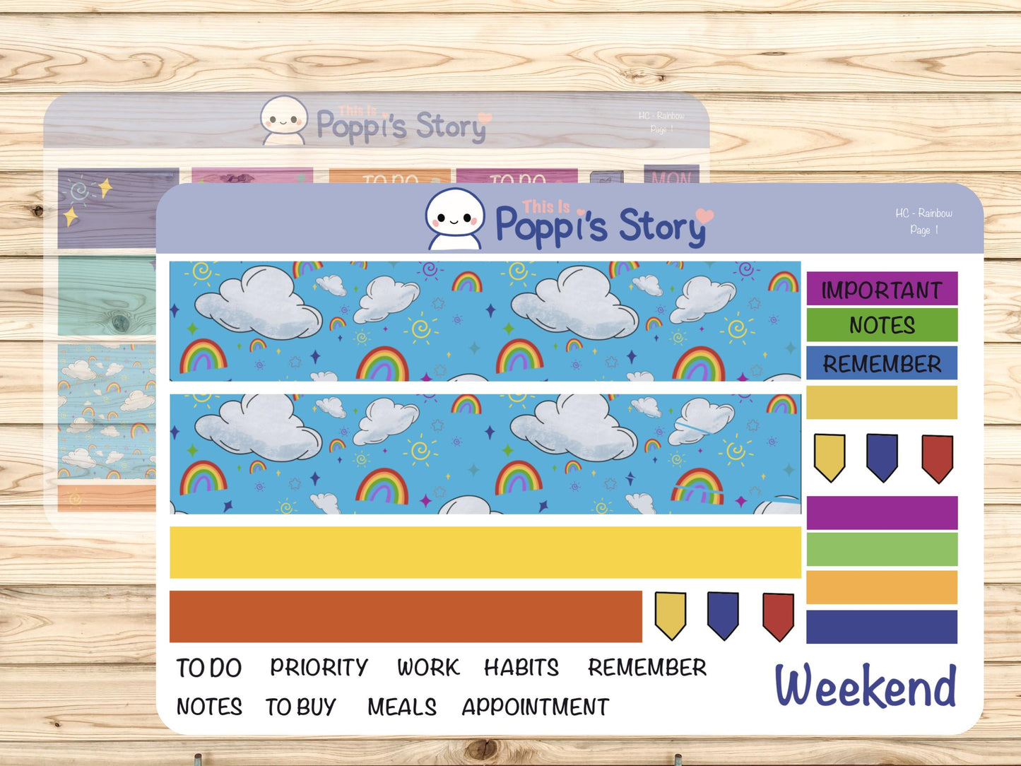 Poppi’s Story Rainbow Hobonichi Cousin Weekly Sticker Kit, Bright Planner Stickers, Washi, Icons