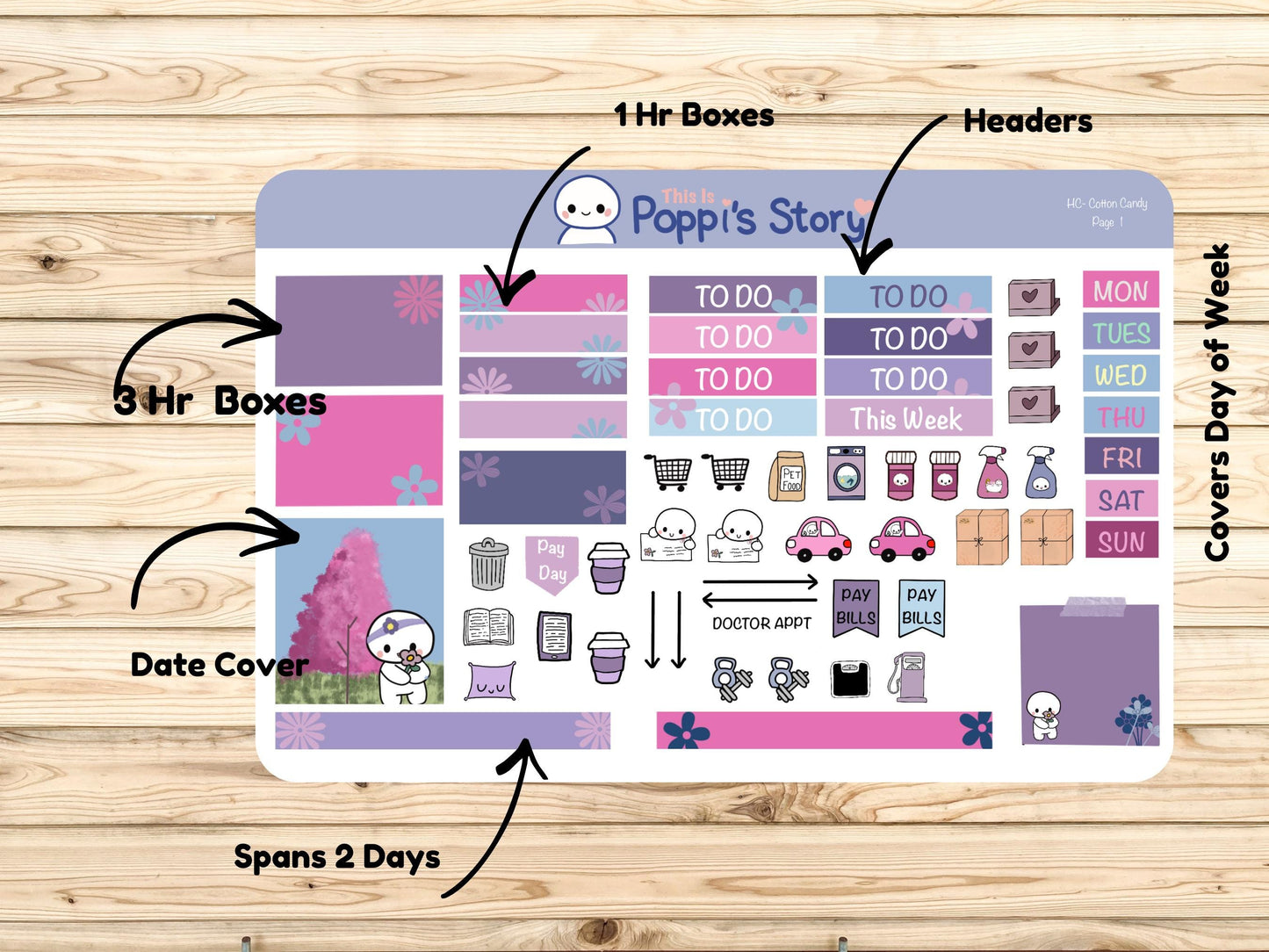 Poppi's Story Hobonichi Cousin Weekly Sticker Kit, Pastel Kawaii Vertical Planner Stickers
