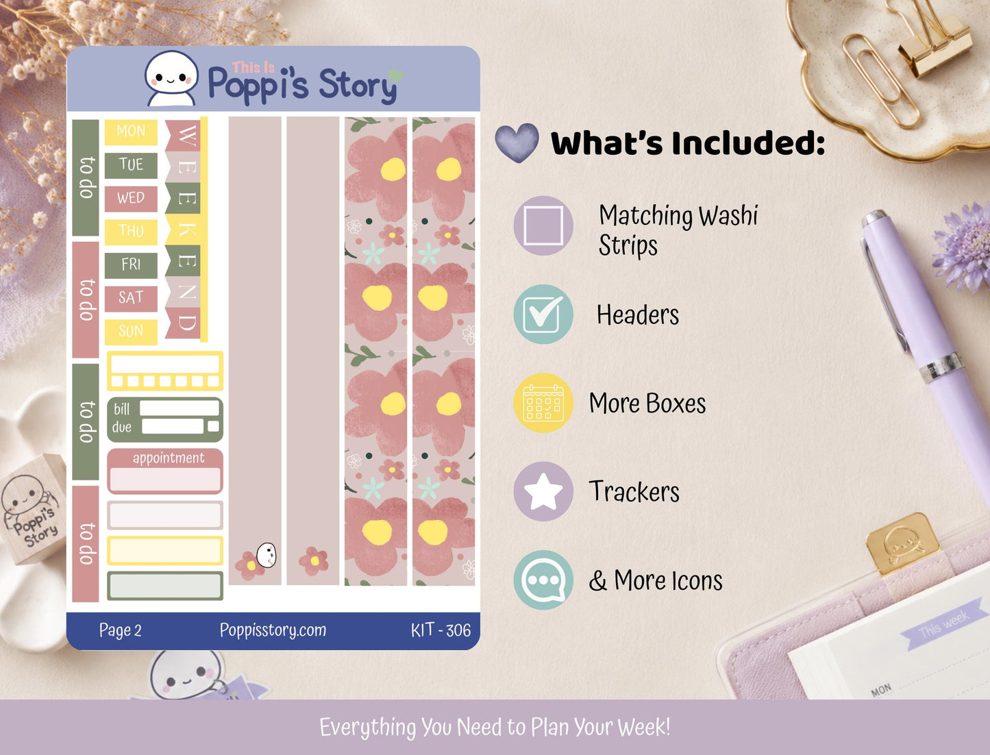 Pastel Floral Hobonichi Cousin Weekly Sticker Kit | Cozy Journal Planner Stickers