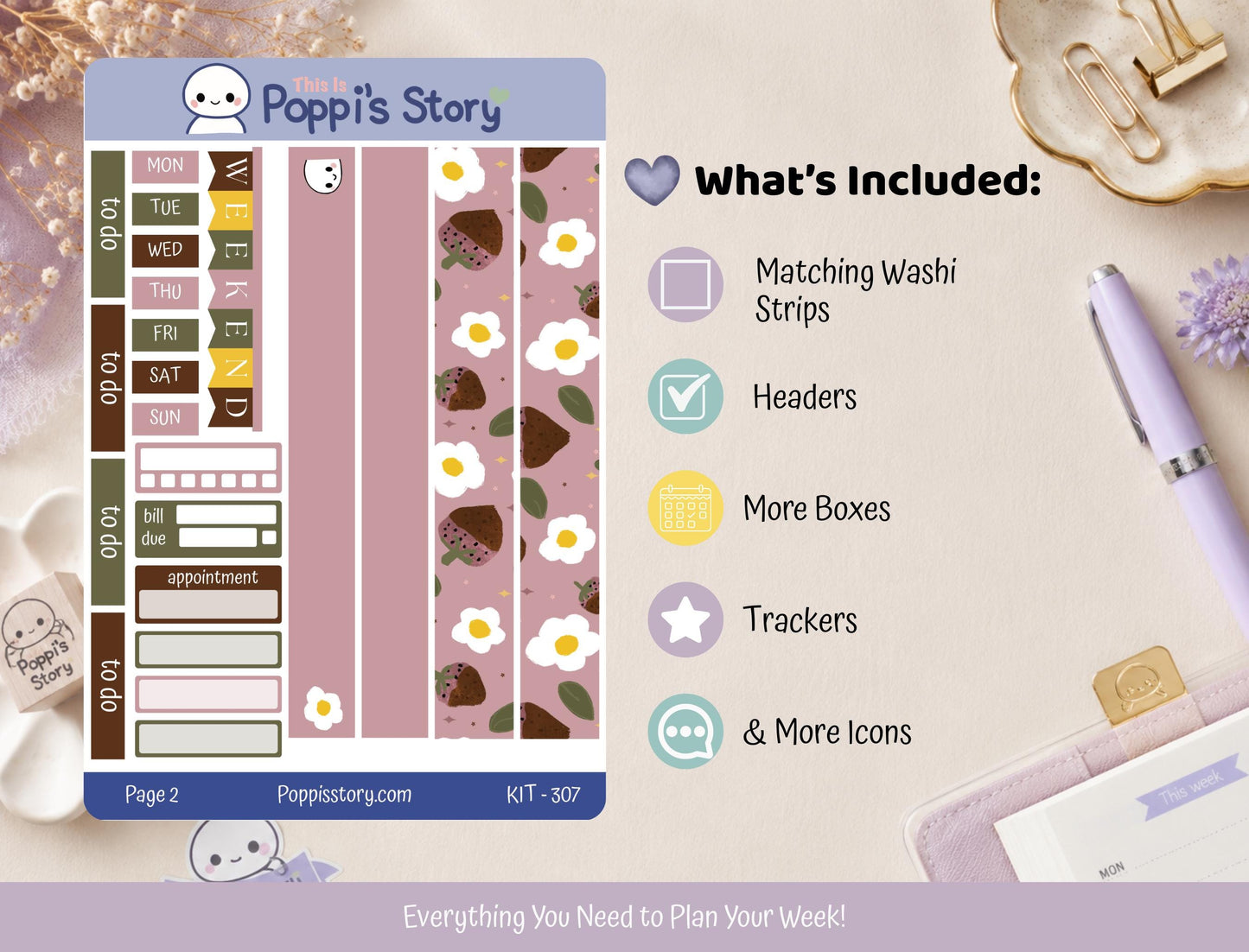 Chocolate Strawberry Hobonichi Cousin Weekly Kit, Cozy Cafe Planner Stickers