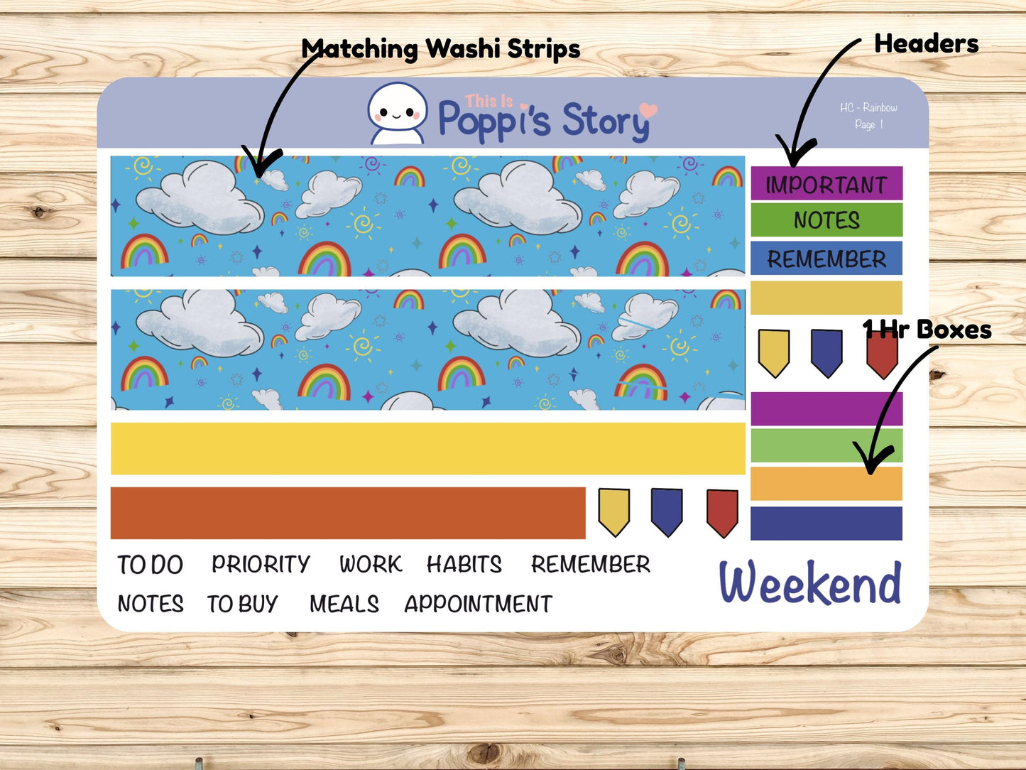 Poppi’s Story Rainbow Hobonichi Cousin Weekly Sticker Kit, Bright Planner Stickers, Washi, Icons