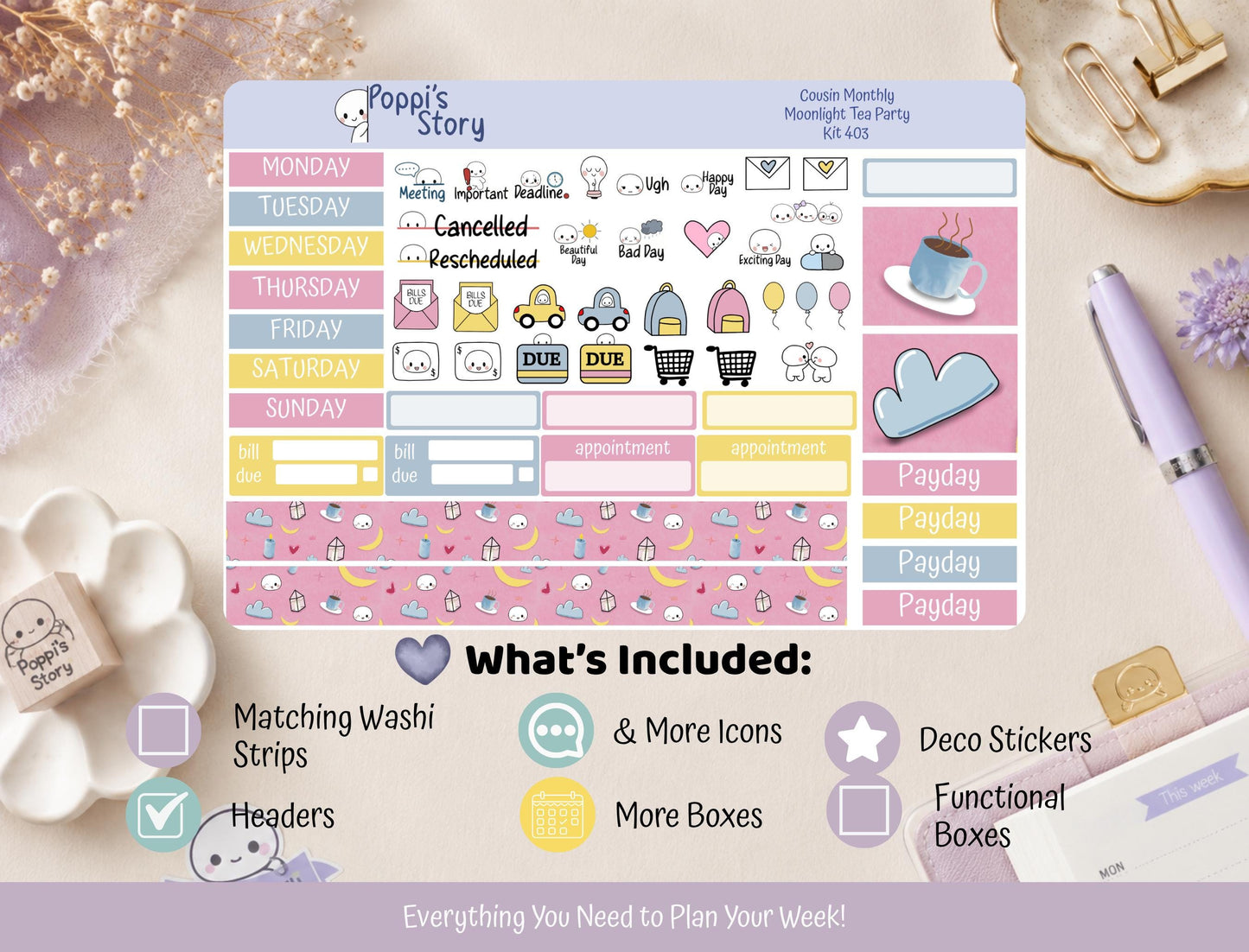 Moonlight Tea Party Hobonichi Cousin Monthly Sticker Kit