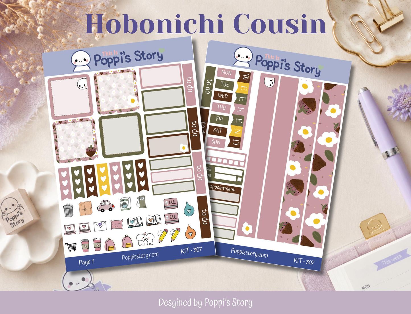 Chocolate Strawberry Hobonichi Cousin Weekly Kit, Cozy Cafe Planner Stickers