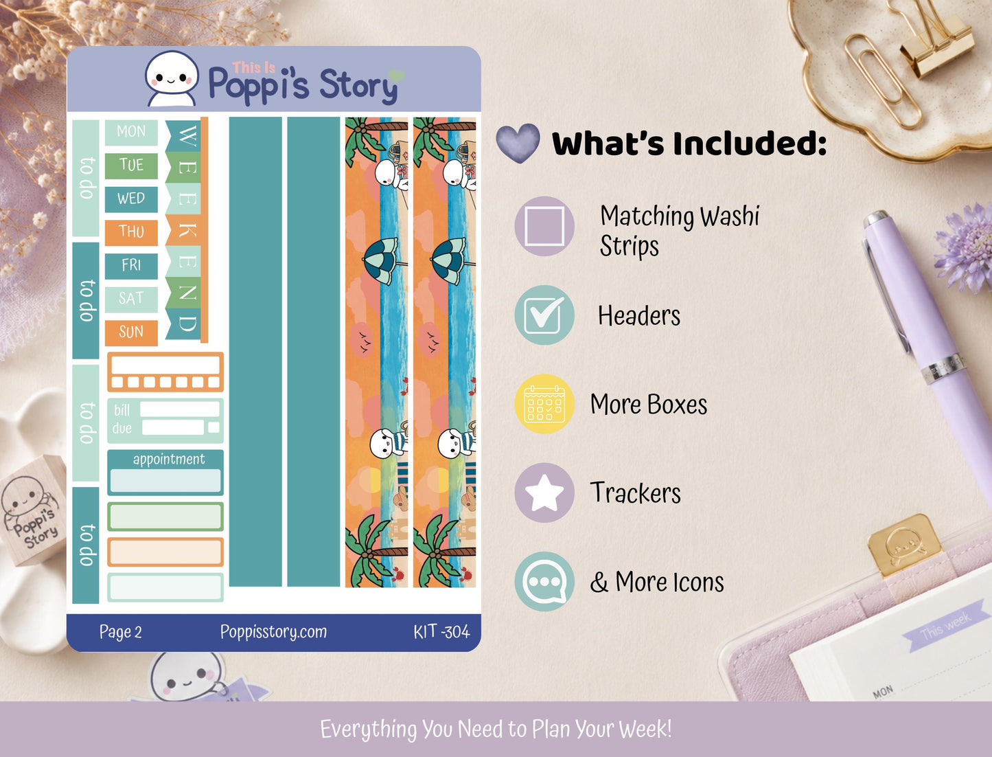 Hobonichi Cousin Weekly Sticker Kit | Pastel Tropical Beach Planner Supplies
