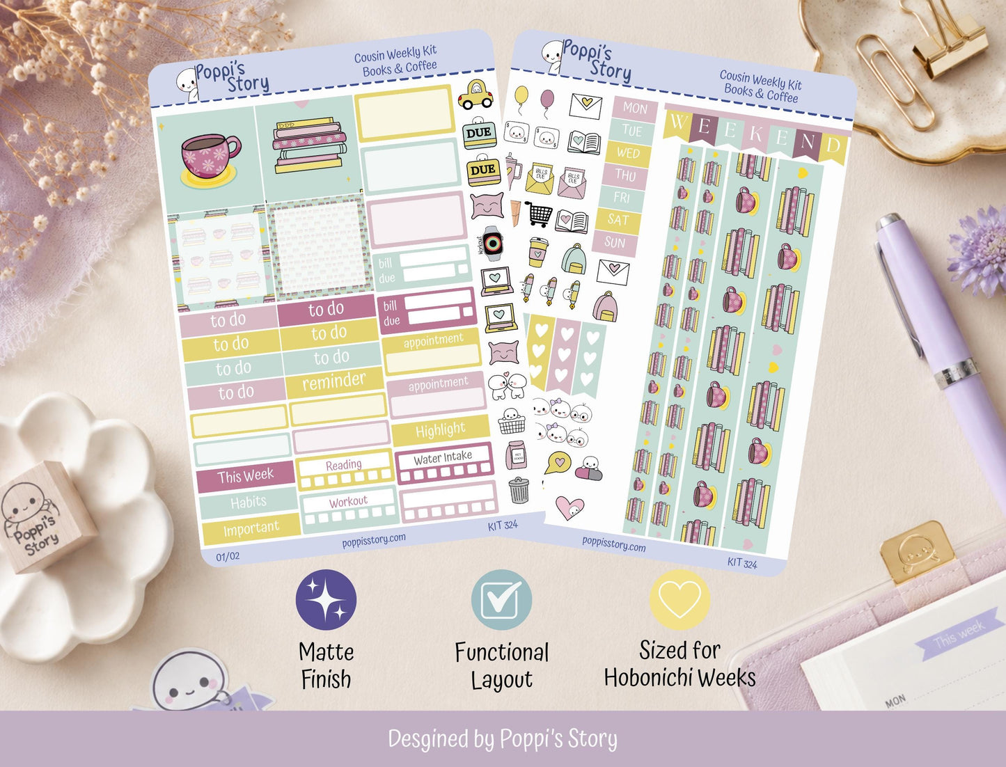 Coffee & Books Hobonichi Cousin Sticker Kit
