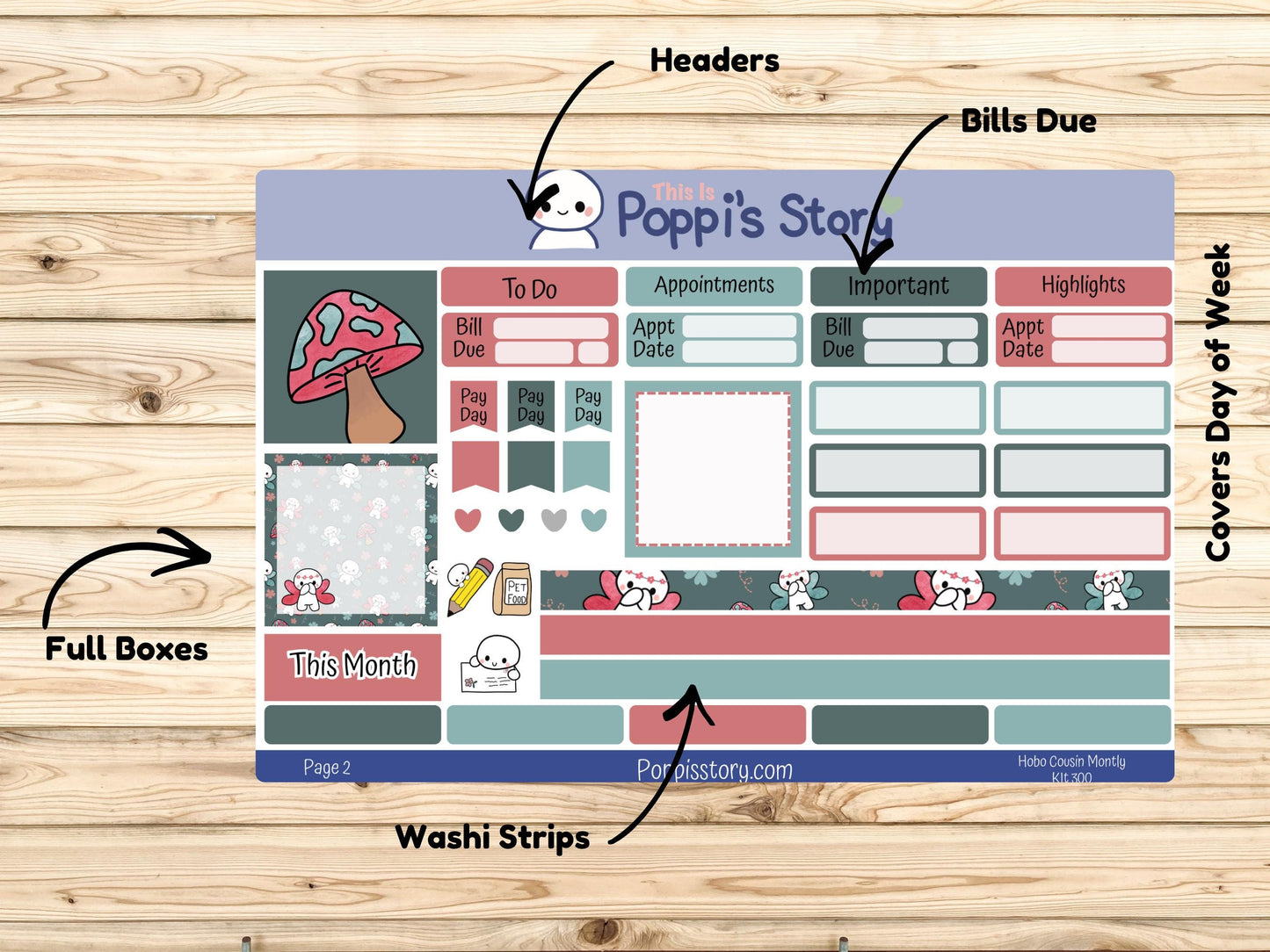 Poppi Character Hobonichi Cousin Monthly Sticker Kit | Functional Planner Pages