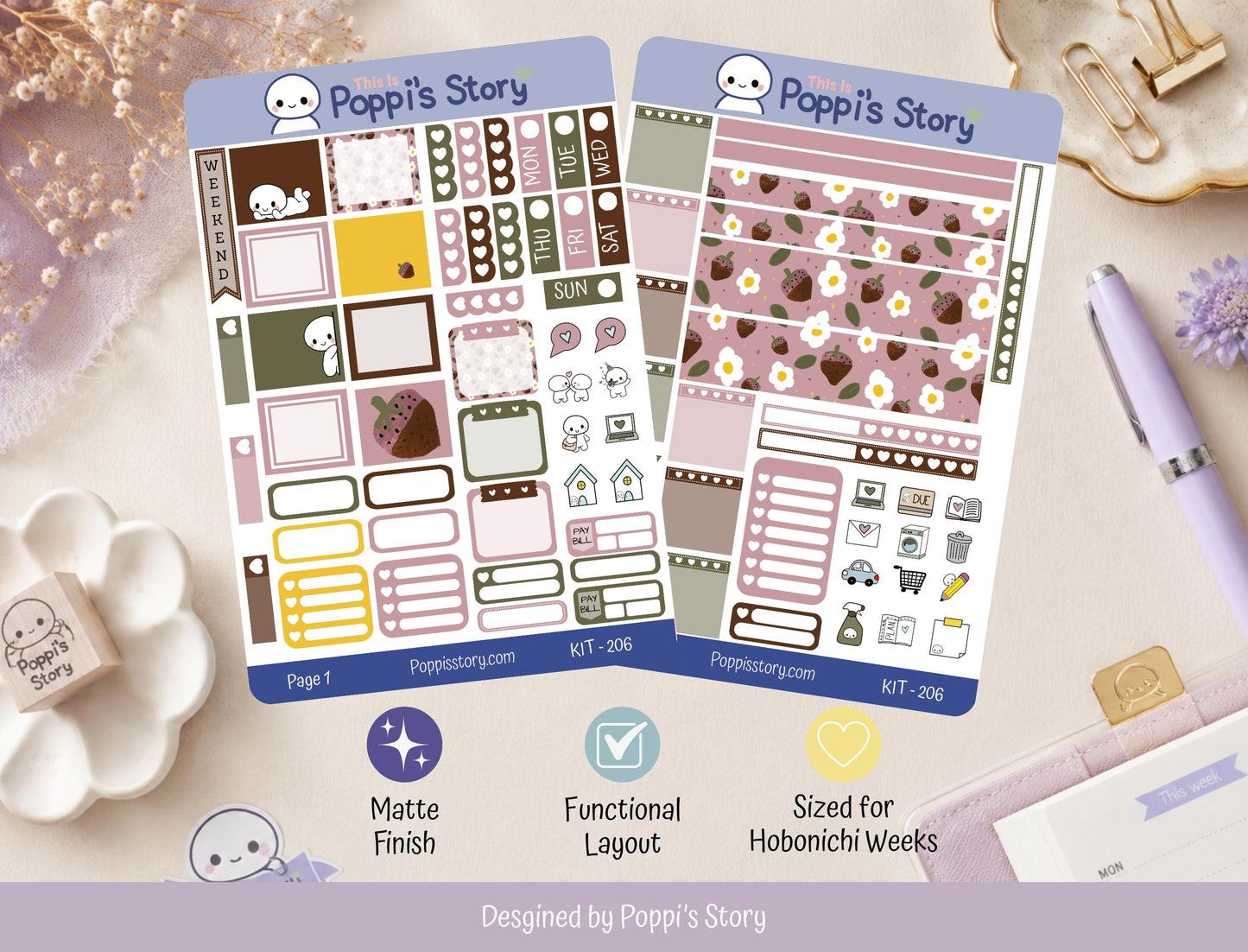 Hobonichi Weeks Strawberry Cafe Weekly Planner Stickers, Functional Cozy Kit