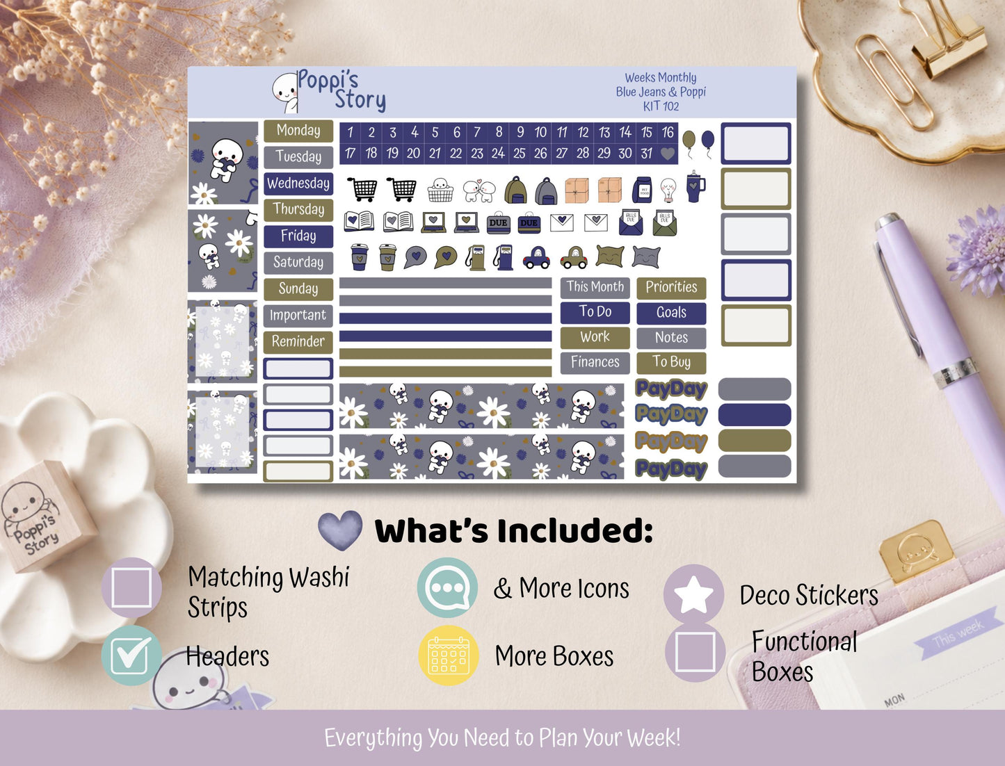 Blue Jeans & Poppi | Hobonichi Weeks Monthly Sticker Kit