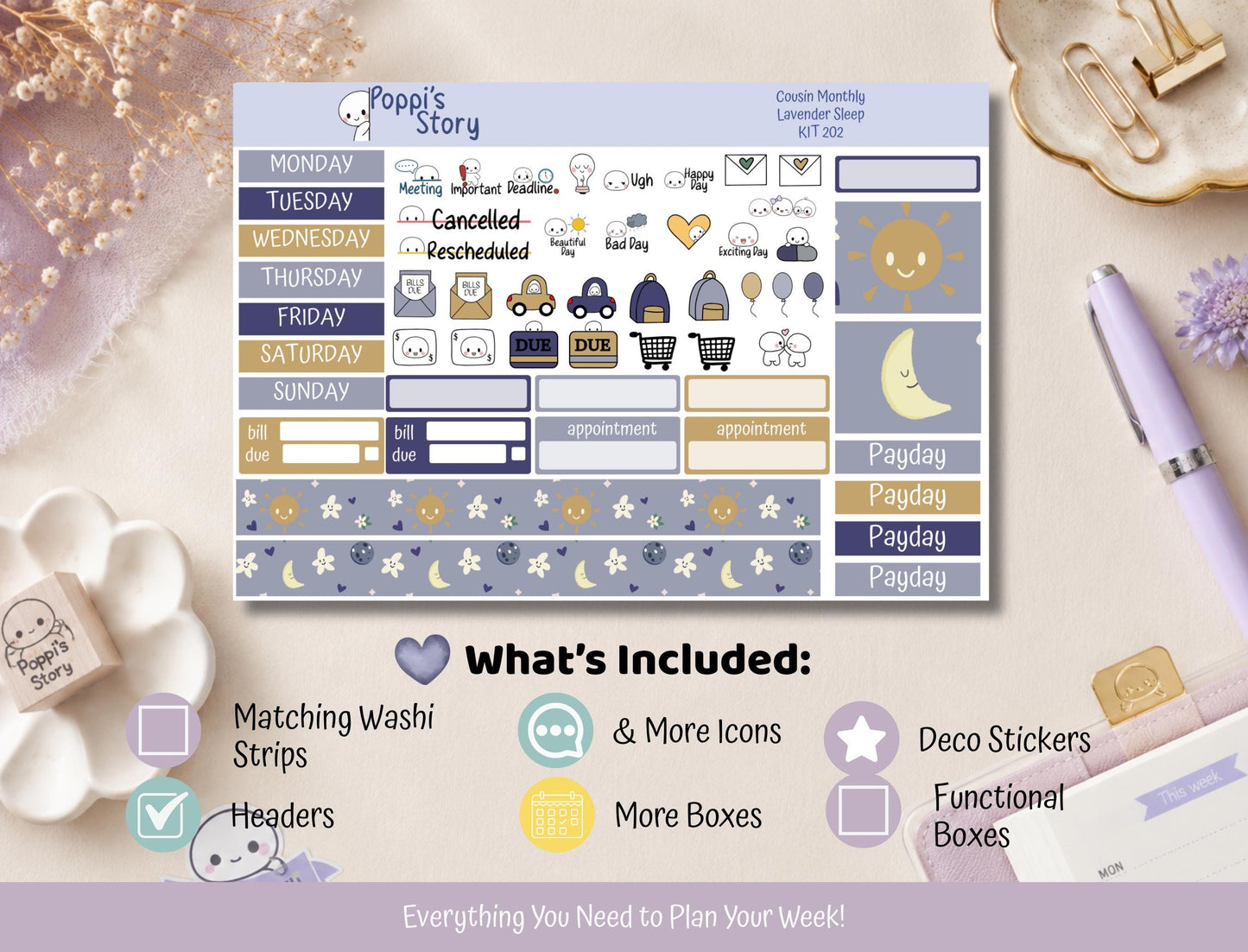 Lavender Sleep | Hobonichi Cousin Monthly Sticker Kit