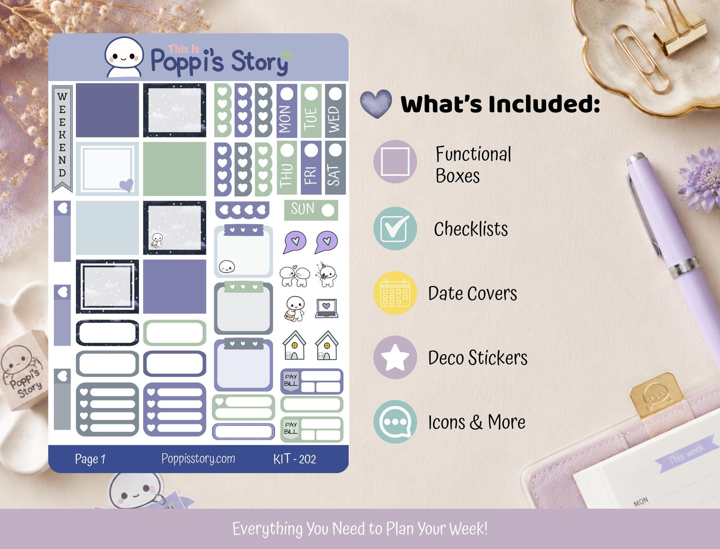 Hobonichi Weeks Sticker Kit, Starry Night Planner, Kawaii Weekly Functional Stickers