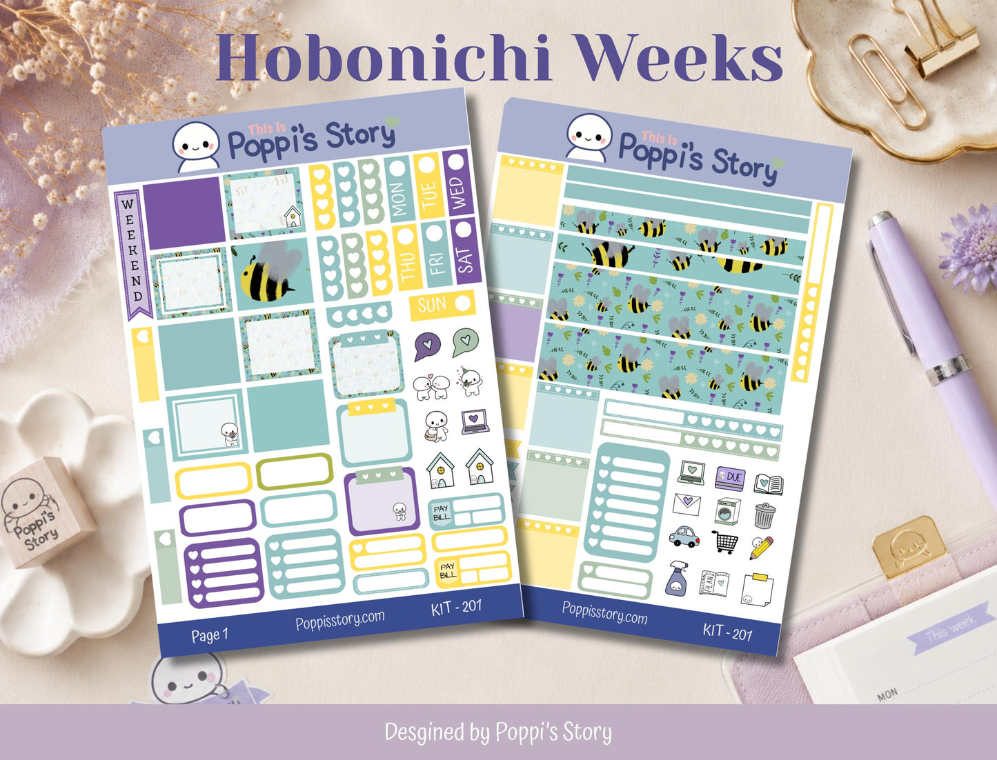 Bee Hobonichi Weeks Sticker Kit, Functional Planner Stickers, Washi Strips, Icons