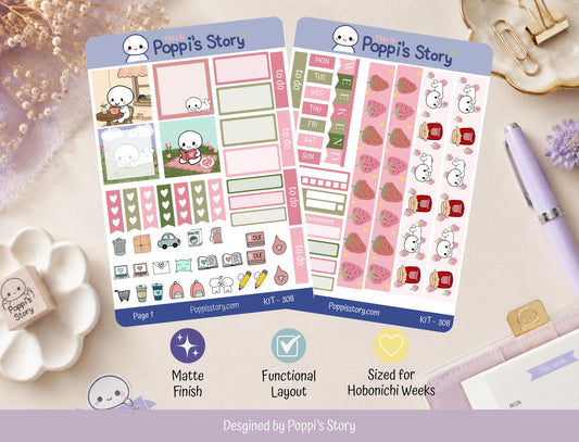 Strawberry Picnic Hobonichi Cousin Weekly Kit | Cozy Reading Planner Stickers