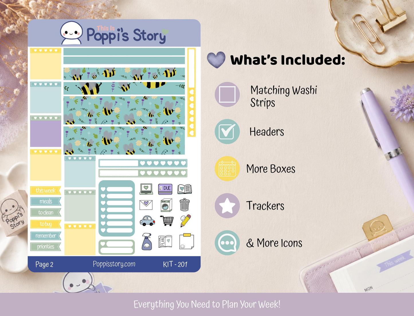Bee Hobonichi Weeks Sticker Kit, Functional Planner Stickers, Washi Strips, Icons