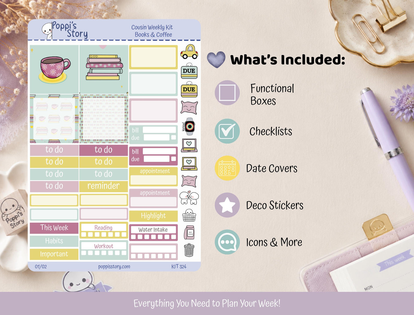 Coffee & Books Hobonichi Cousin Sticker Kit