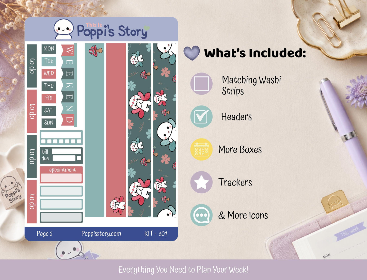 Hobonichi Cousin Weekly Sticker Kit | Poppi Character Functional Planner Stickers