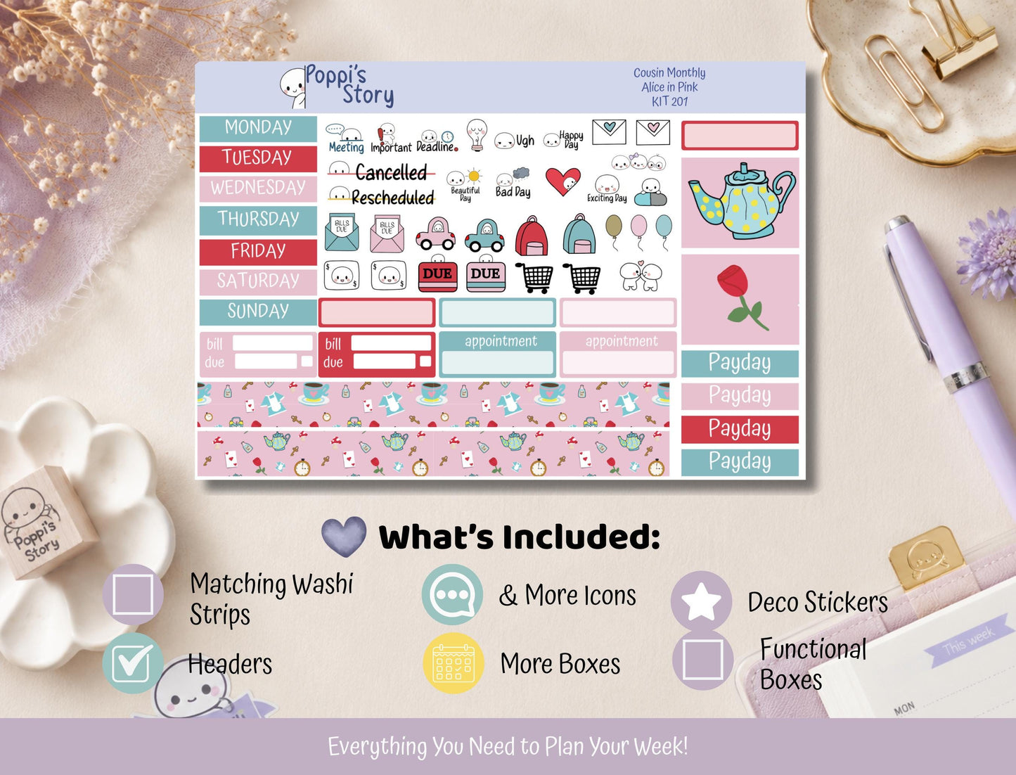 Alice in Pink | Hobonichi Cousin Monthly Sticker Kit