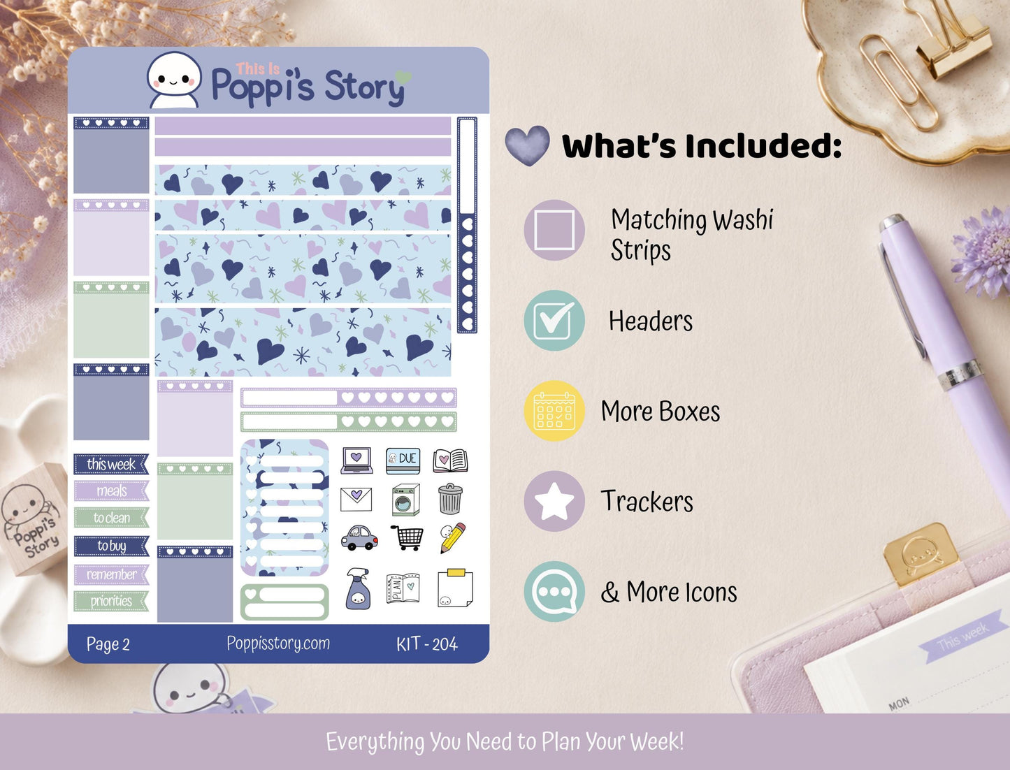 Poppi Character Hobonichi Weeks Sticker Kit, Pastel Planner Functional Stickers