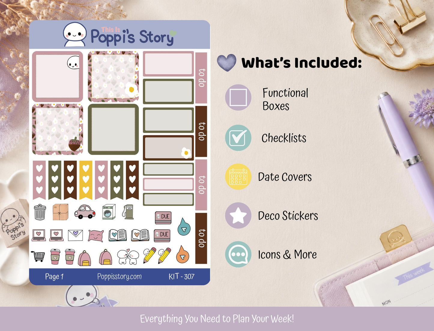Chocolate Strawberry Hobonichi Cousin Weekly Kit, Cozy Cafe Planner Stickers