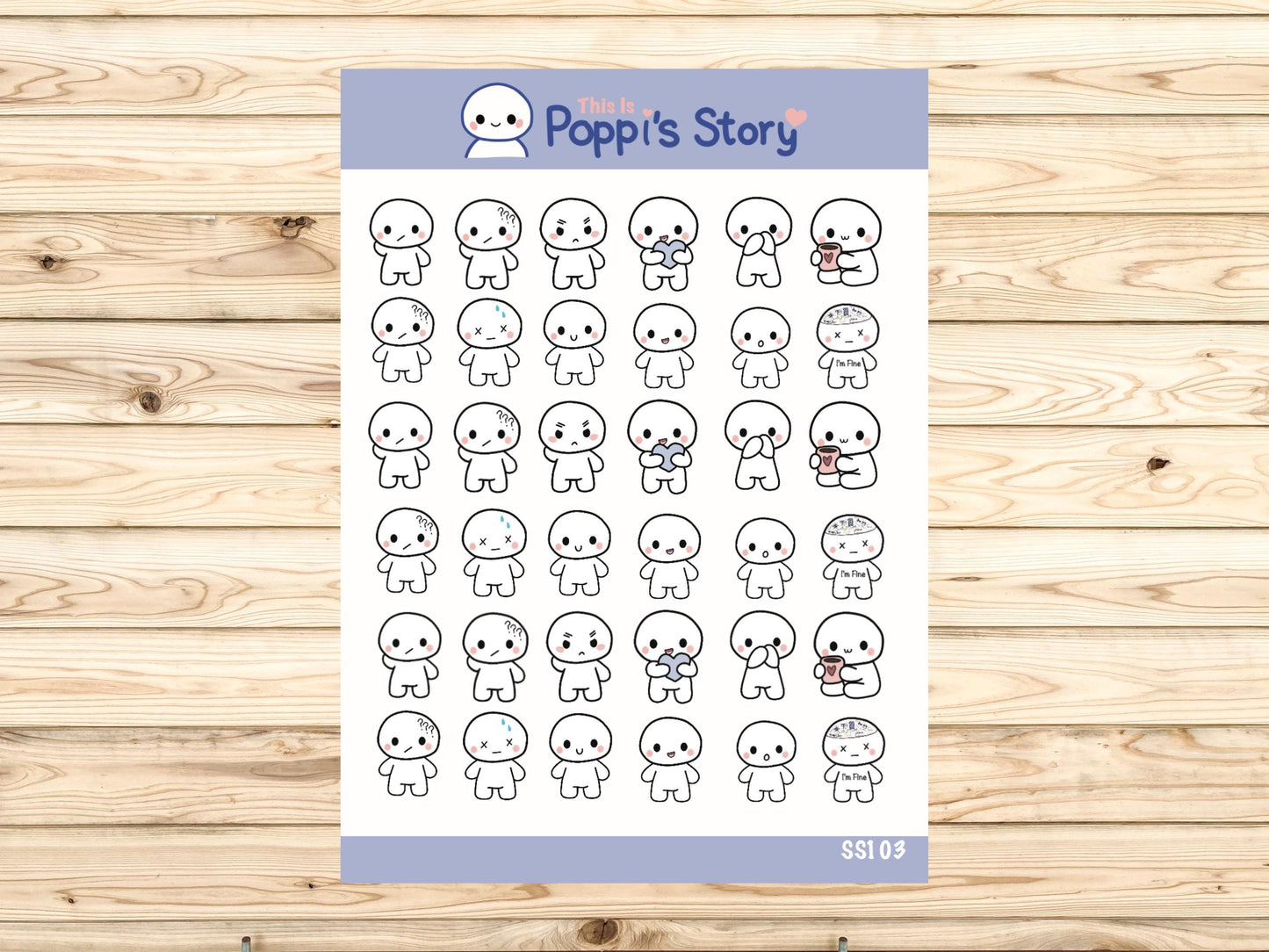 Poppi Emotional Character Stickers | Matte Planner Journal Art Sheet