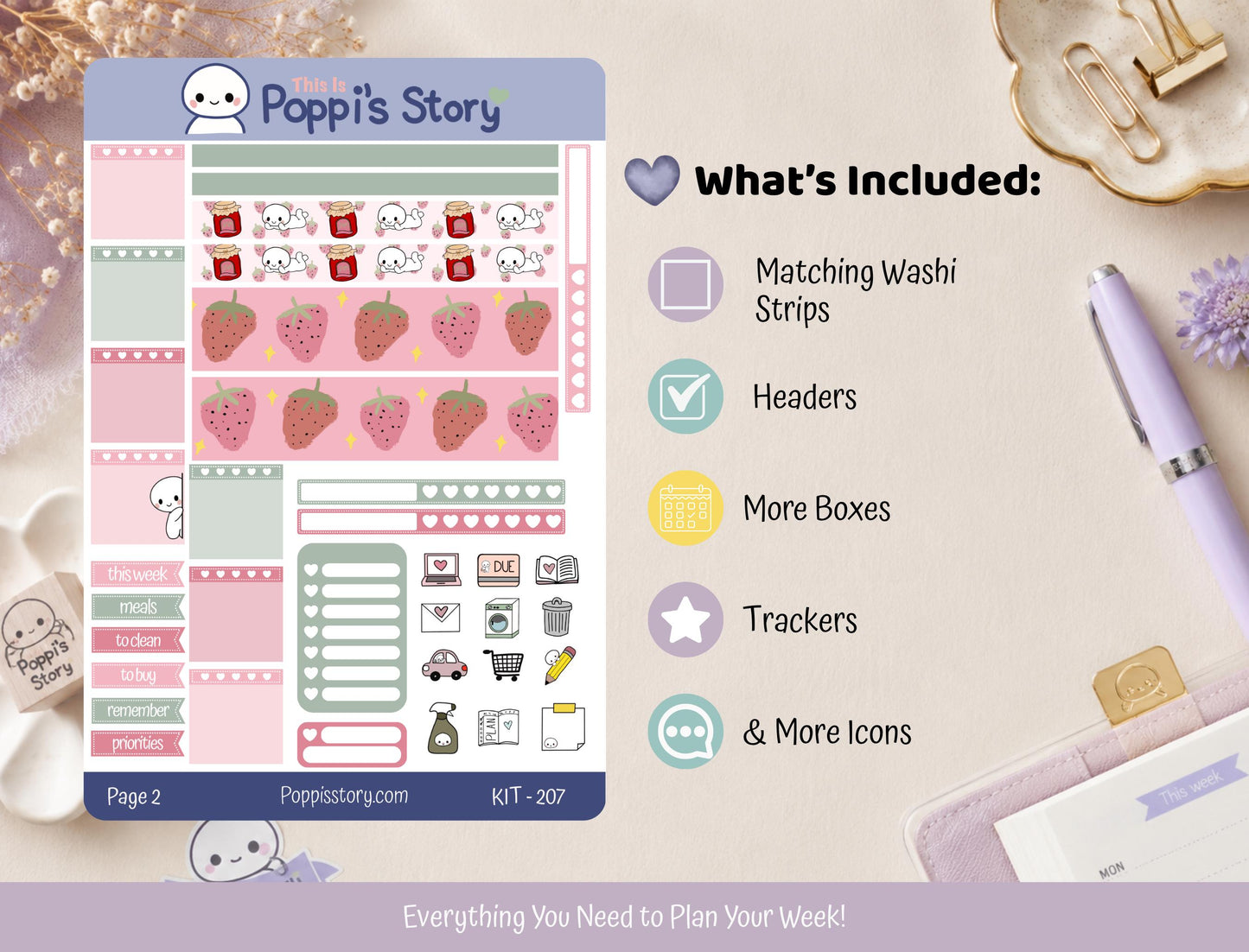 Strawberry Picnic Hobonichi Weeks Sticker Kit | Kawaii Planner Journal Stickers