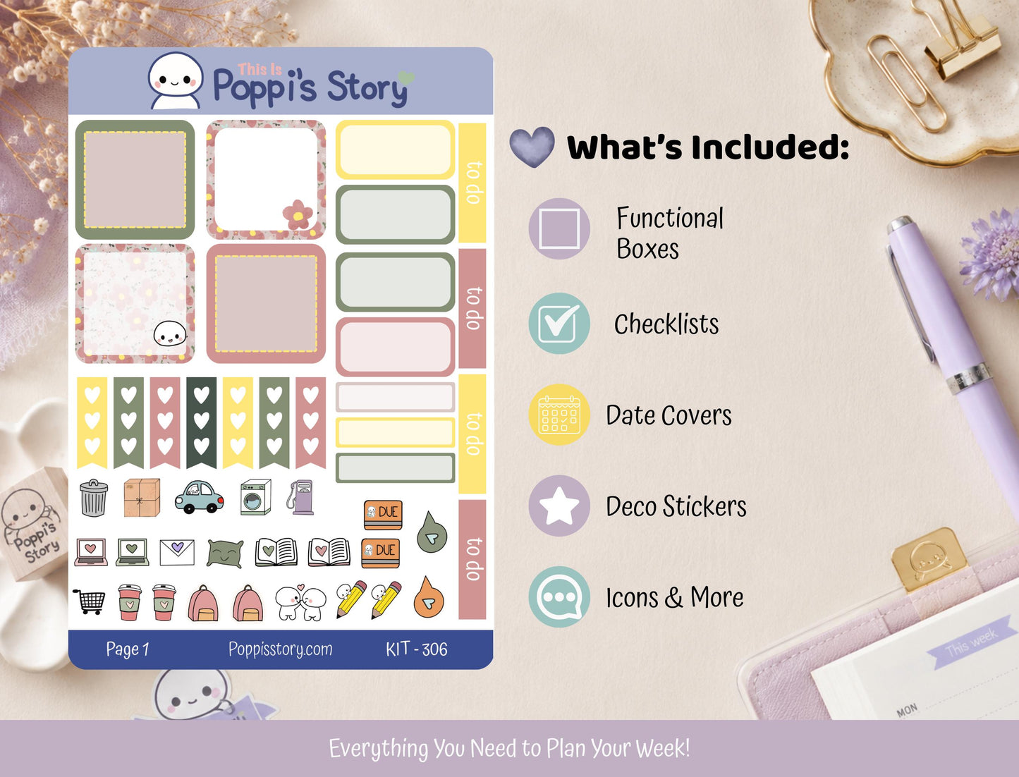 Pastel Floral Hobonichi Cousin Weekly Sticker Kit | Cozy Journal Planner Stickers