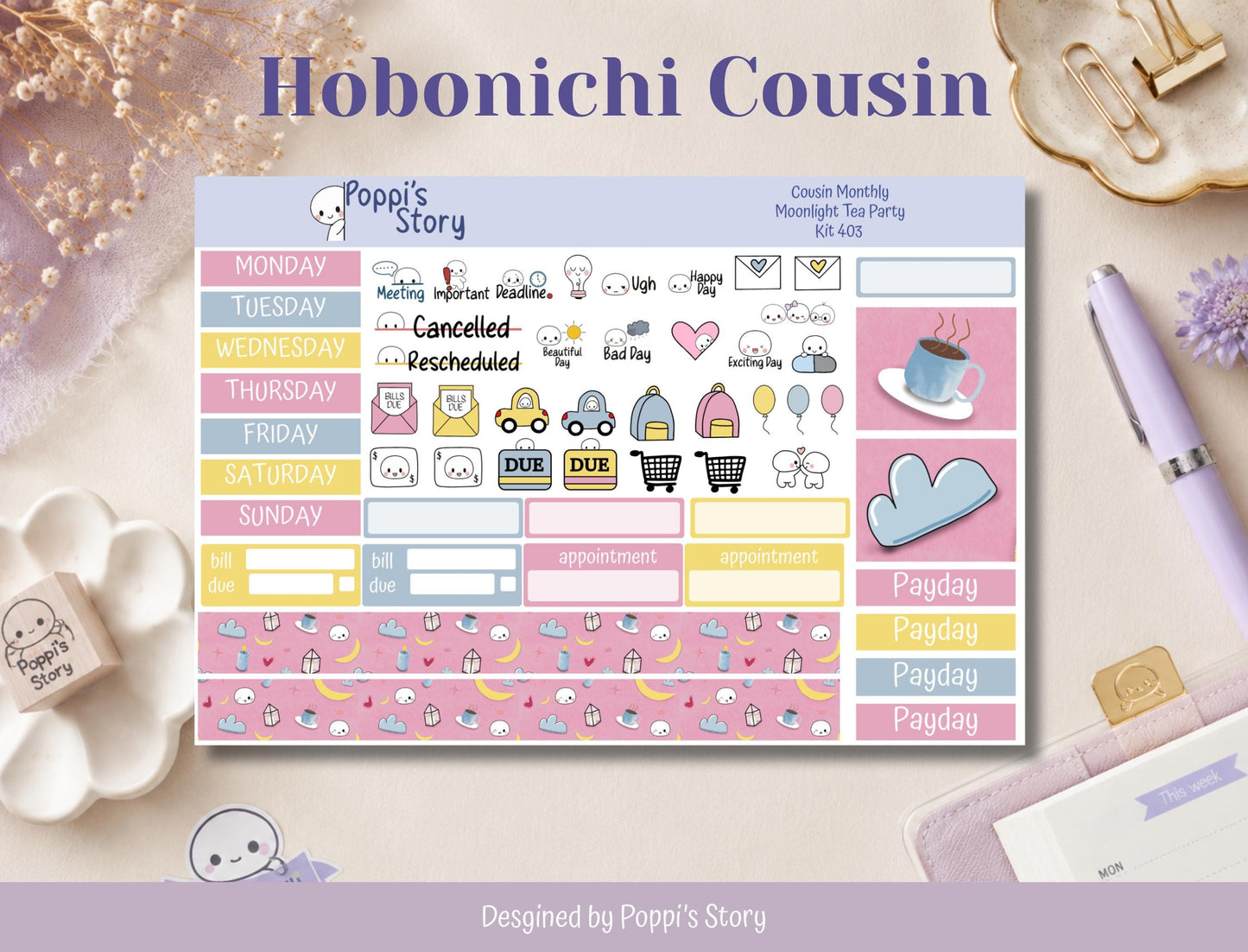 Moonlight Tea Party Hobonichi Cousin Monthly Sticker Kit