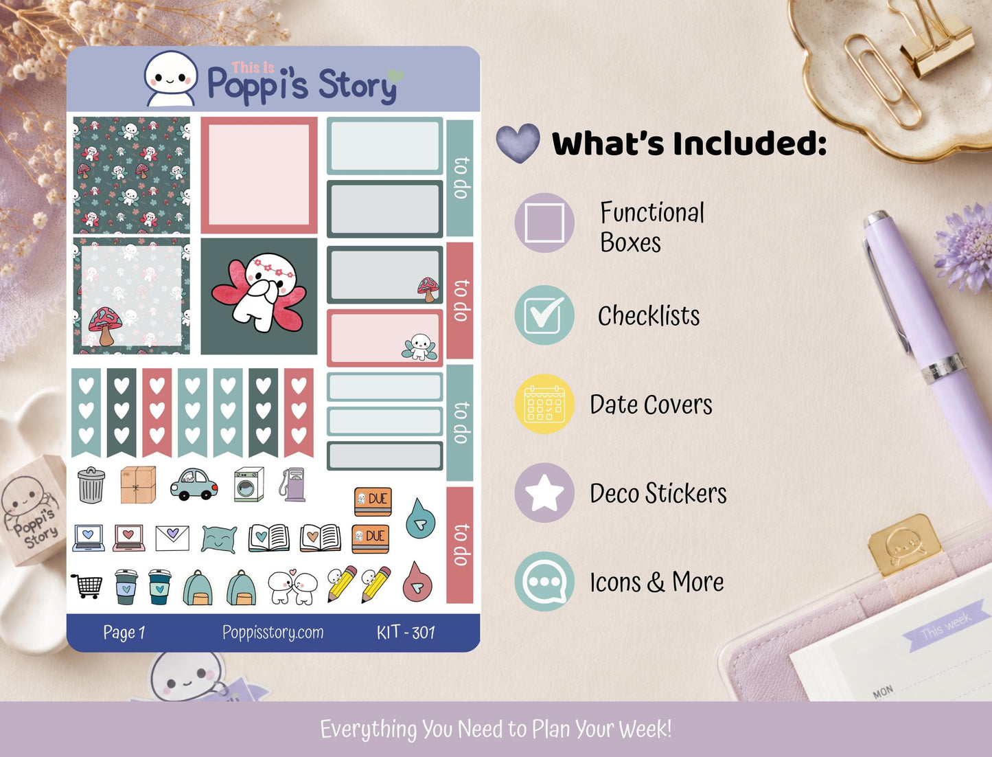 Hobonichi Cousin Weekly Sticker Kit | Poppi Character Functional Planner Stickers