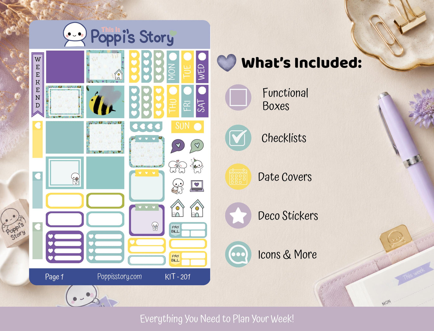 Bee Hobonichi Weeks Sticker Kit, Functional Planner Stickers, Washi Strips, Icons
