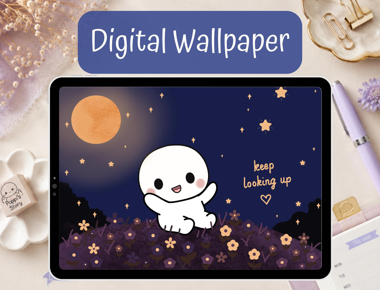 Poppi Night Sky Wallpaper | Kawaii Moonlit Flower Field (Digital Download)
