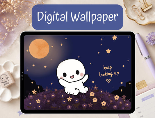 Poppi Night Sky Wallpaper | Kawaii Moonlit Flower Field (Digital Download)