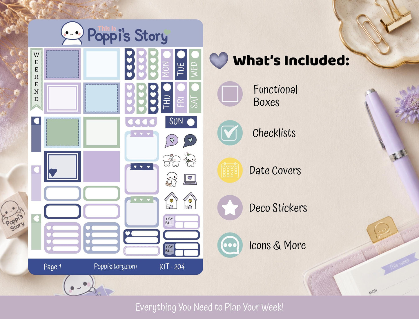 Poppi Character Hobonichi Weeks Sticker Kit, Pastel Planner Functional Stickers