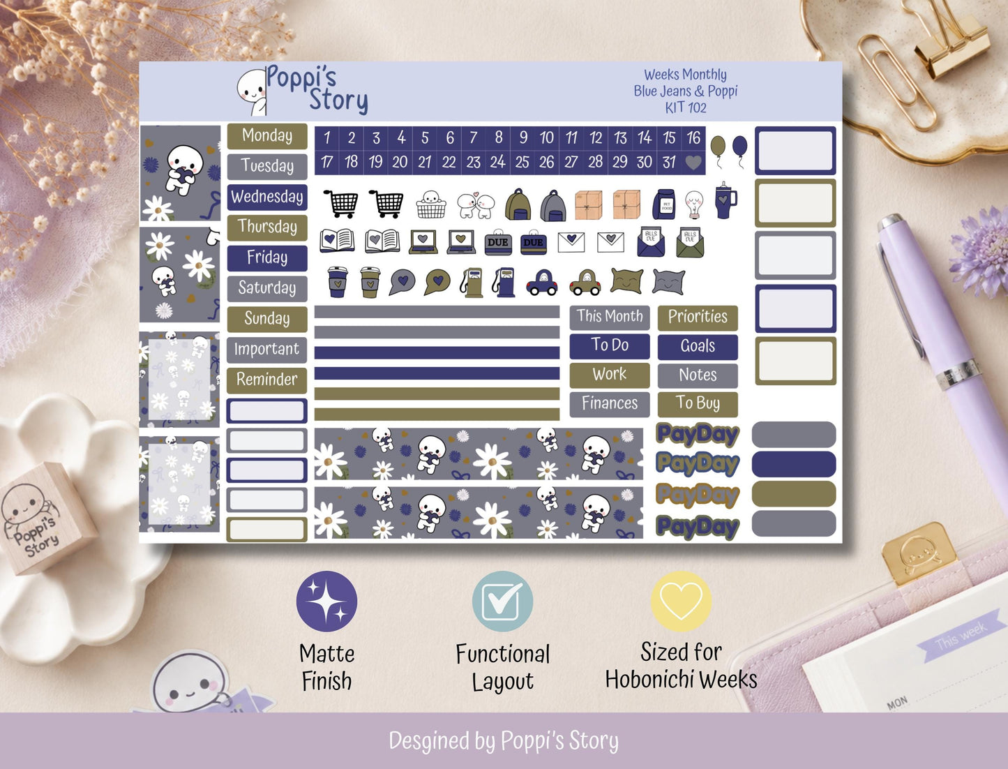 Blue Jeans & Poppi | Hobonichi Weeks Monthly Sticker Kit