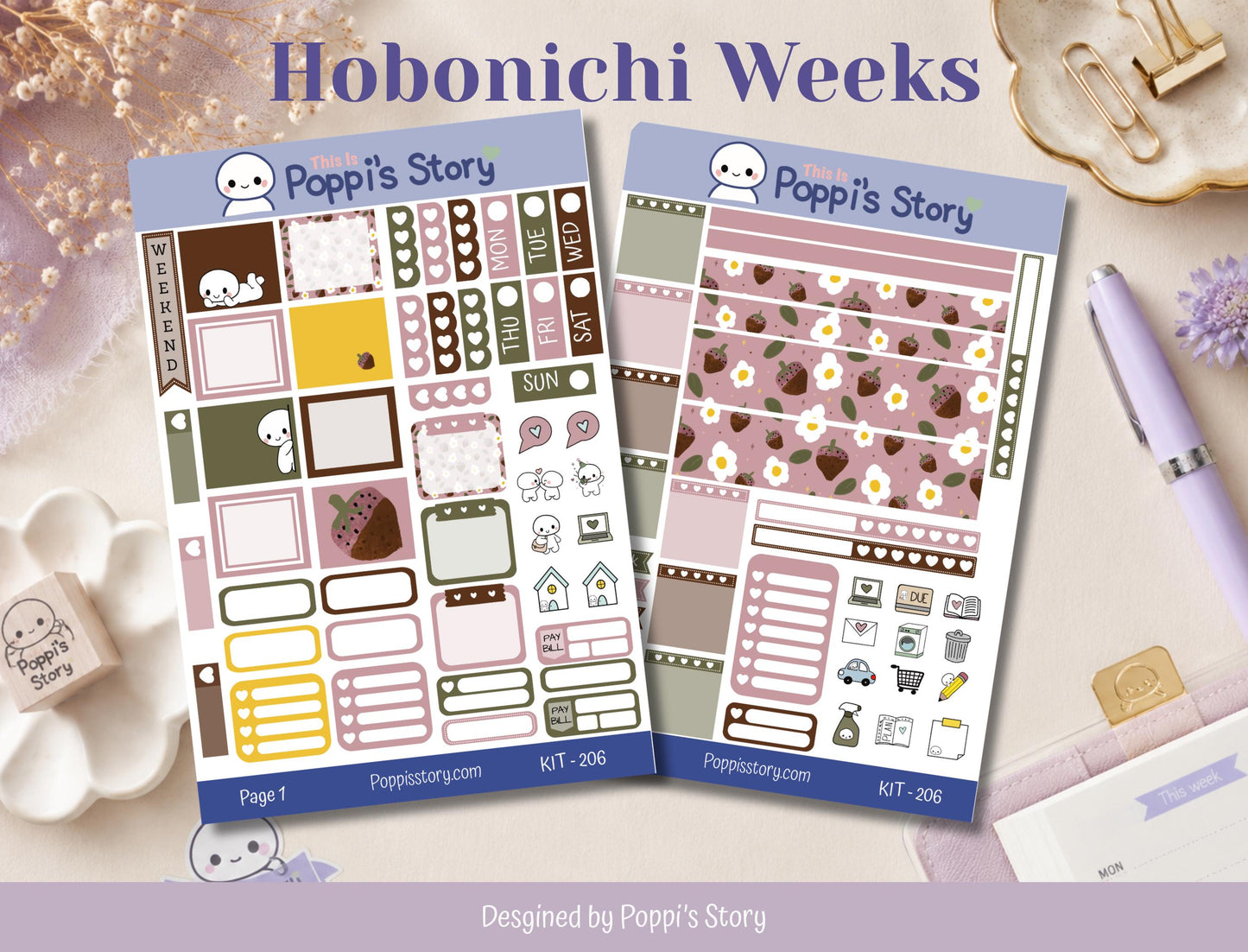 Hobonichi Weeks Strawberry Cafe Weekly Planner Stickers, Functional Cozy Kit