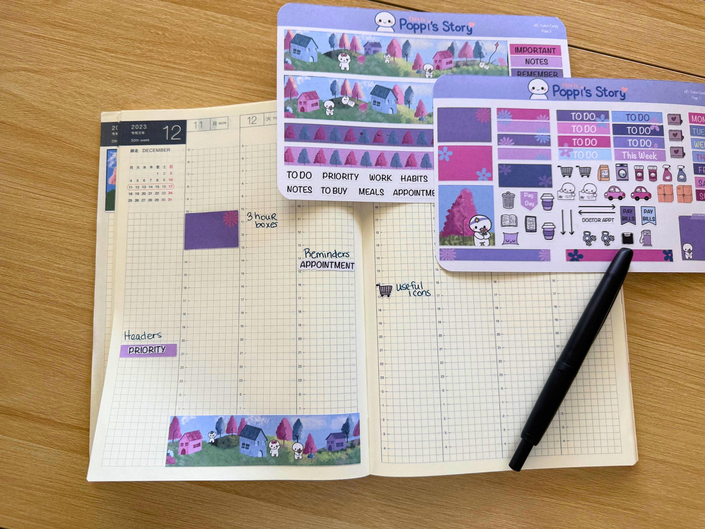 Poppi's Story Hobonichi Cousin Weekly Sticker Kit, Pastel Kawaii Vertical Planner Stickers