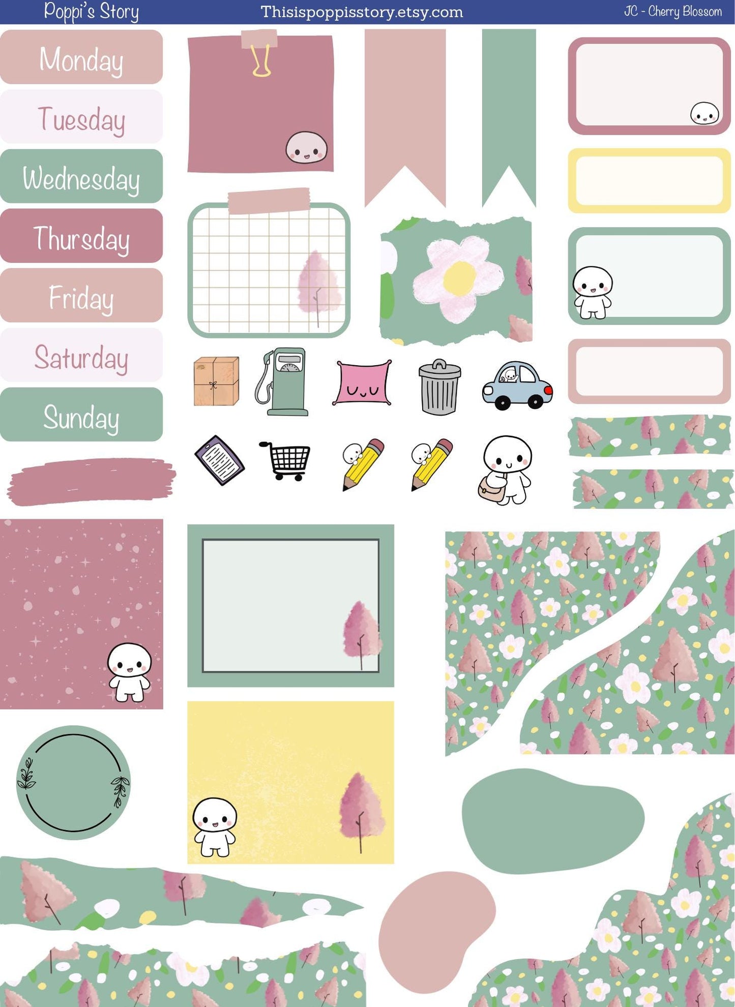 Cherry Blossom Weekly Planner Stickers, Pastel Floral Journal Kit