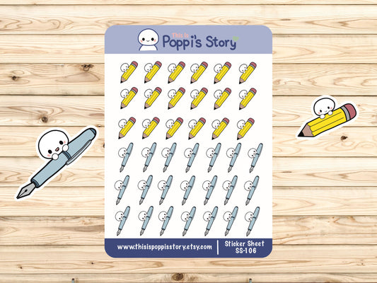 Kawaii Pencil Pen Stickers, Study Planner Icons, Writing Task Tracker Sheet