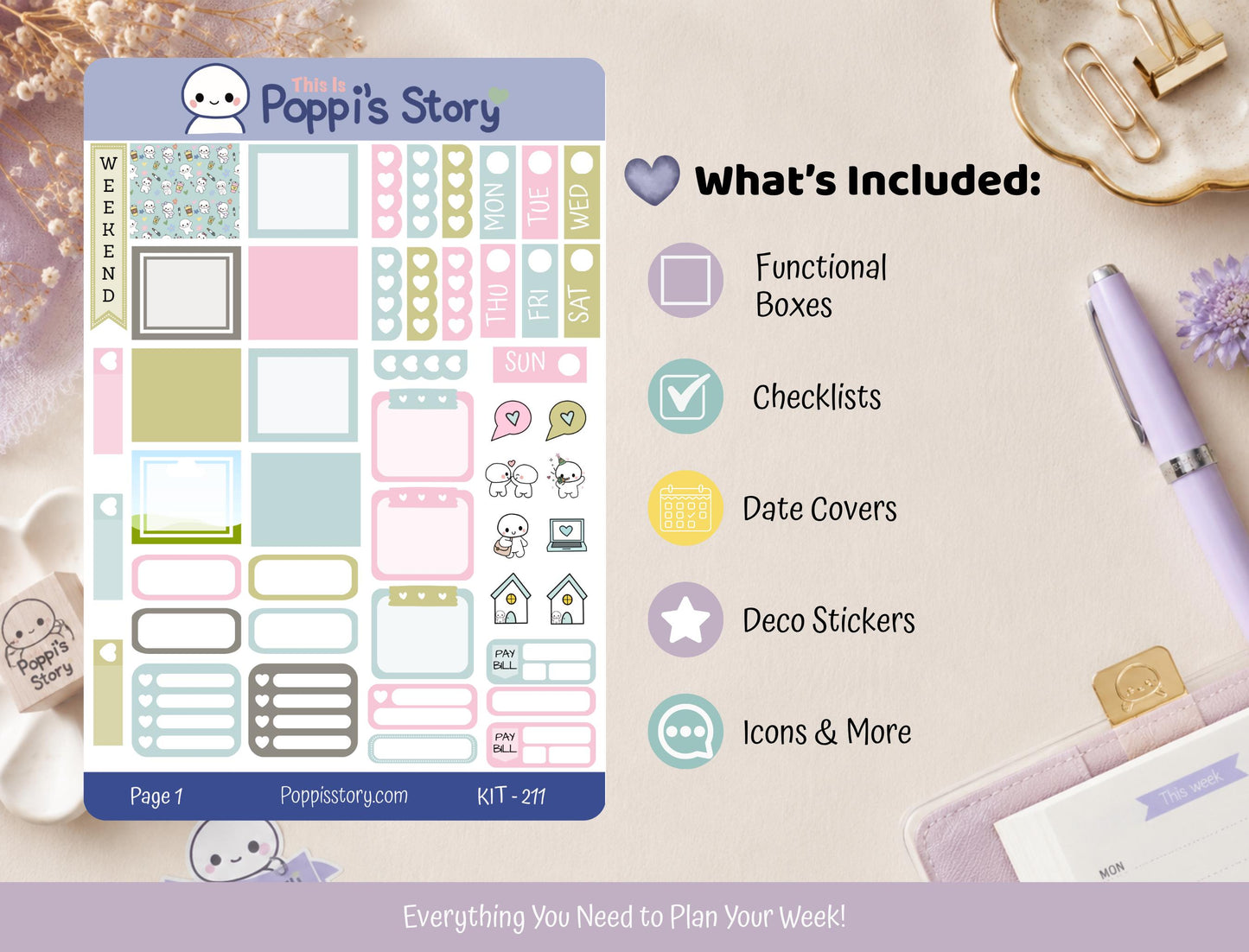 Poppi & Friends Hobonichi Weeks Sticker Kit