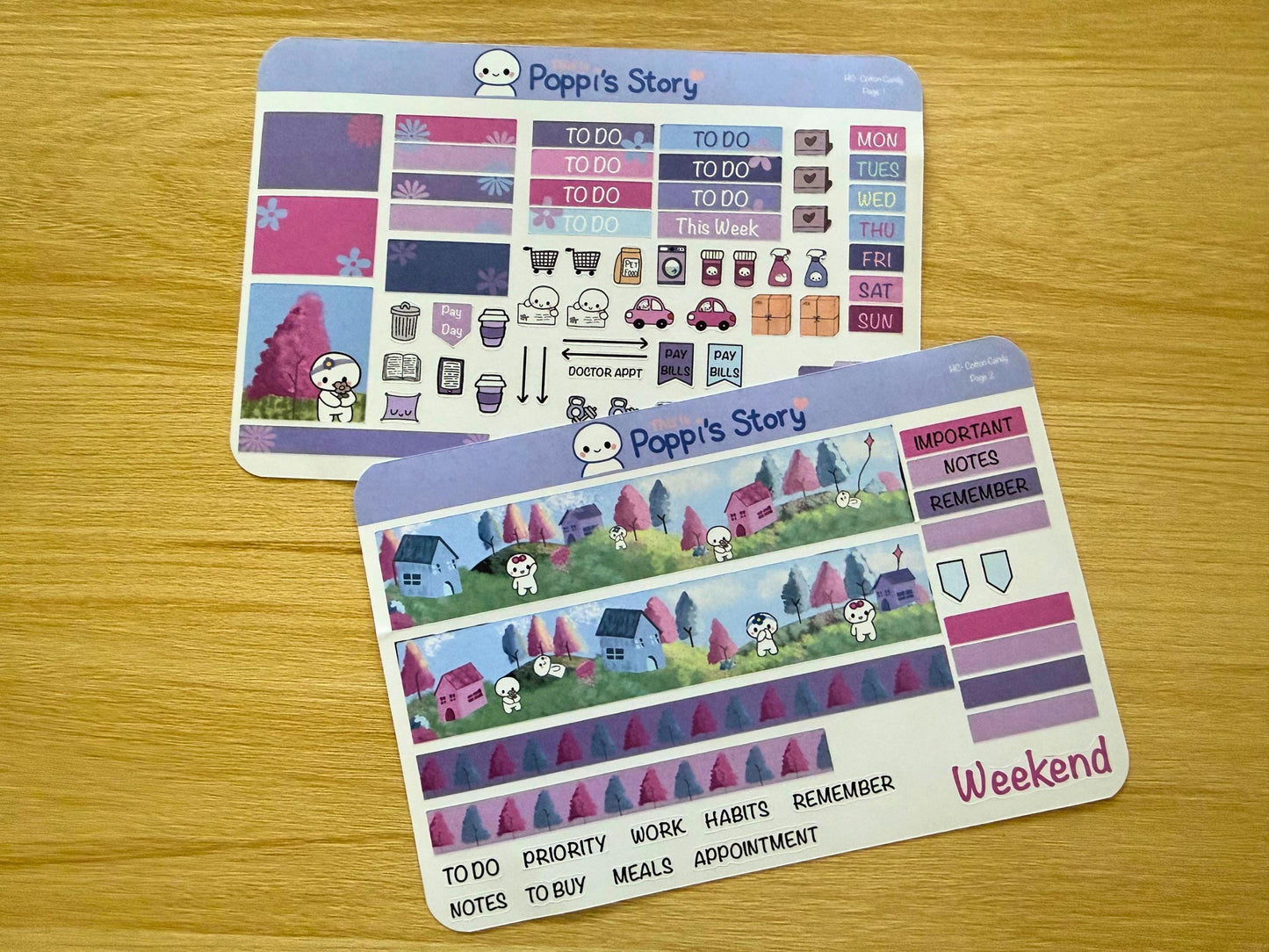 Poppi's Story Hobonichi Cousin Weekly Sticker Kit, Pastel Kawaii Vertical Planner Stickers